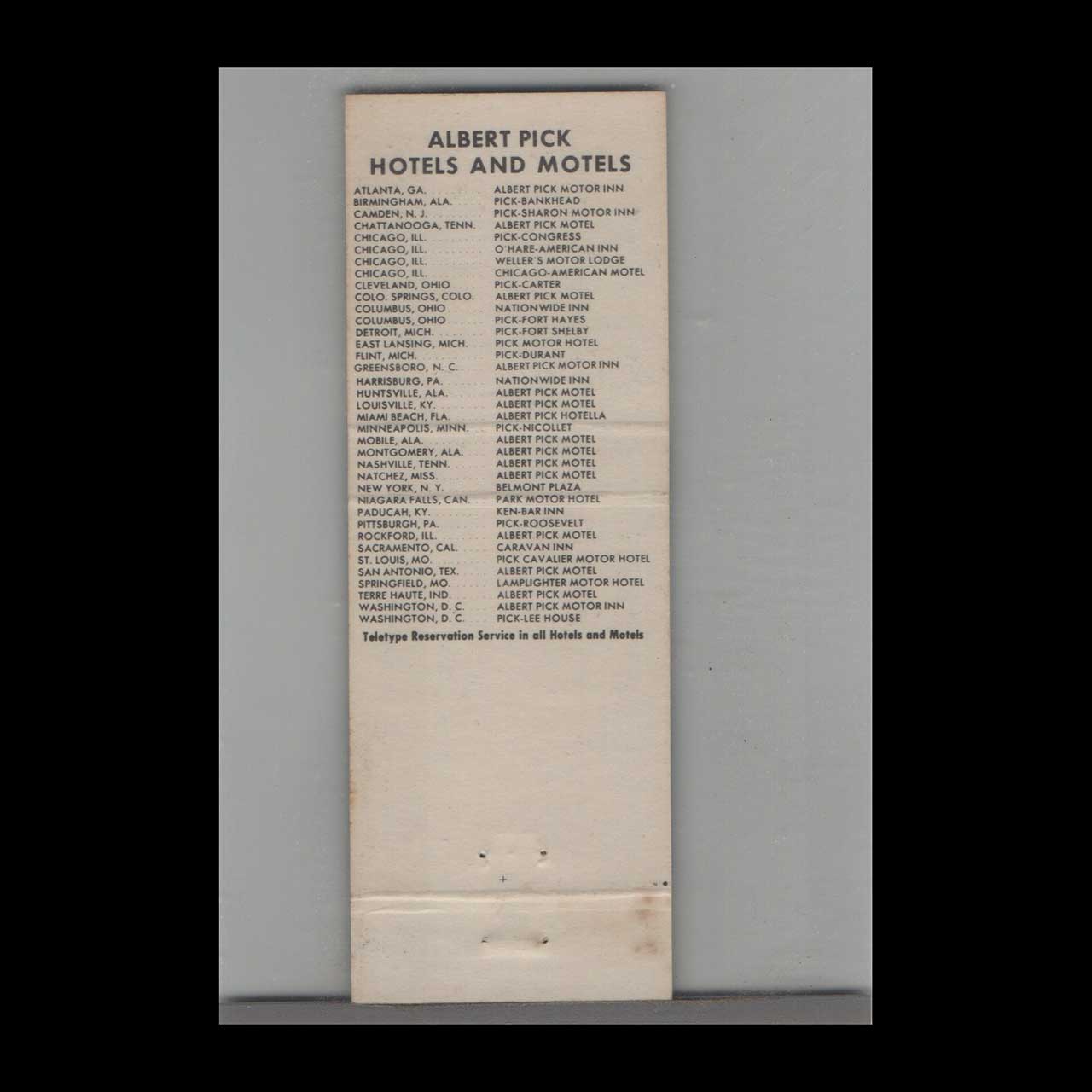 Matchbook Cover Albert Pick Hotels & Motels Matchbook Cover Albert Pick Hotels & Motels
