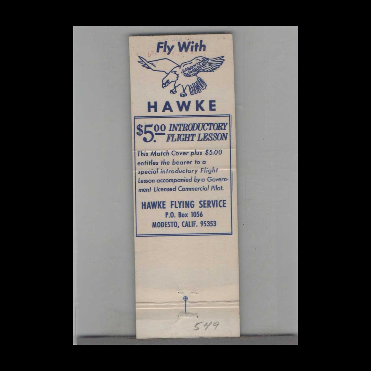 Hawke Flying Service Modesto Matchbook Cover Hawke Flying Service Modesto Matchbook Cover