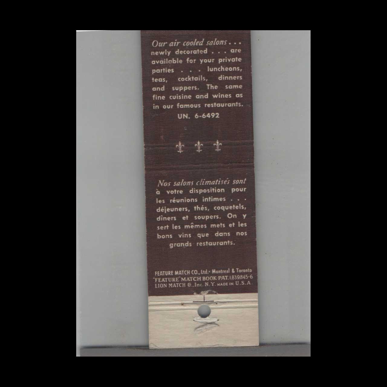 Stripped Feature Hotel de La Salle Matchbook Cover Montreal Stripped Feature Hotel de La Salle Matchbook Cover Montreal