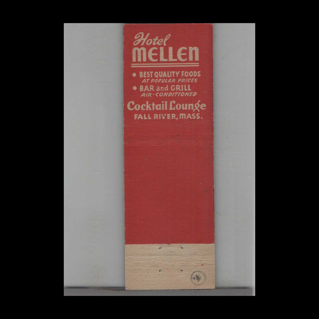 Stripped Feature Hotel Mellen Matchbook Cover Fall River MA Stripped Feature Hotel Mellen Matchbook Cover Fall River MA