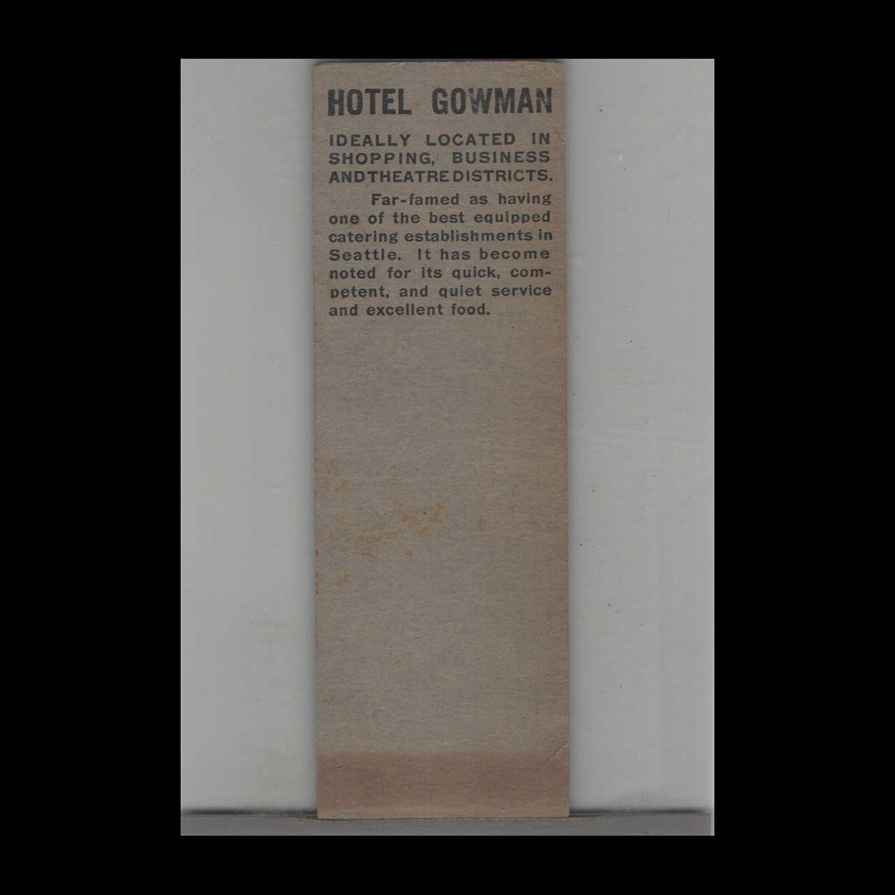 Stripped Feature Hotel Gowman Seattle Matchbook Cover Stripped Feature Hotel Gowman Seattle Matchbook Cover
