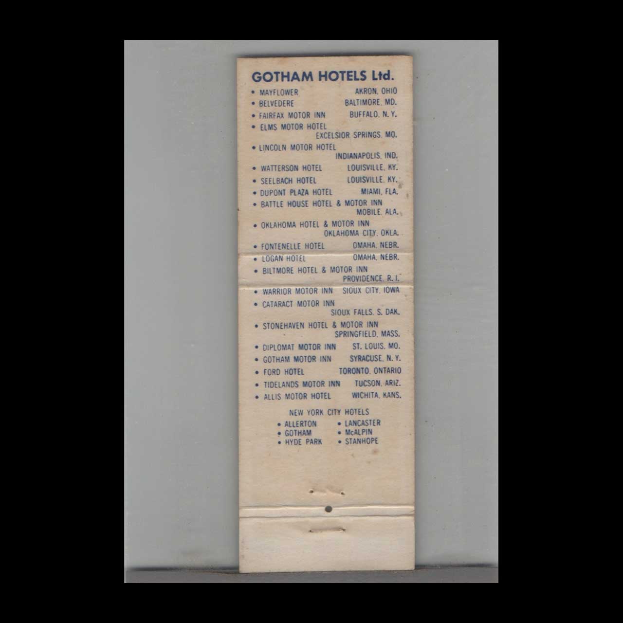 Matchbook Cover Gotham Hotels Ltd Matchbook Cover Gotham Hotels Ltd