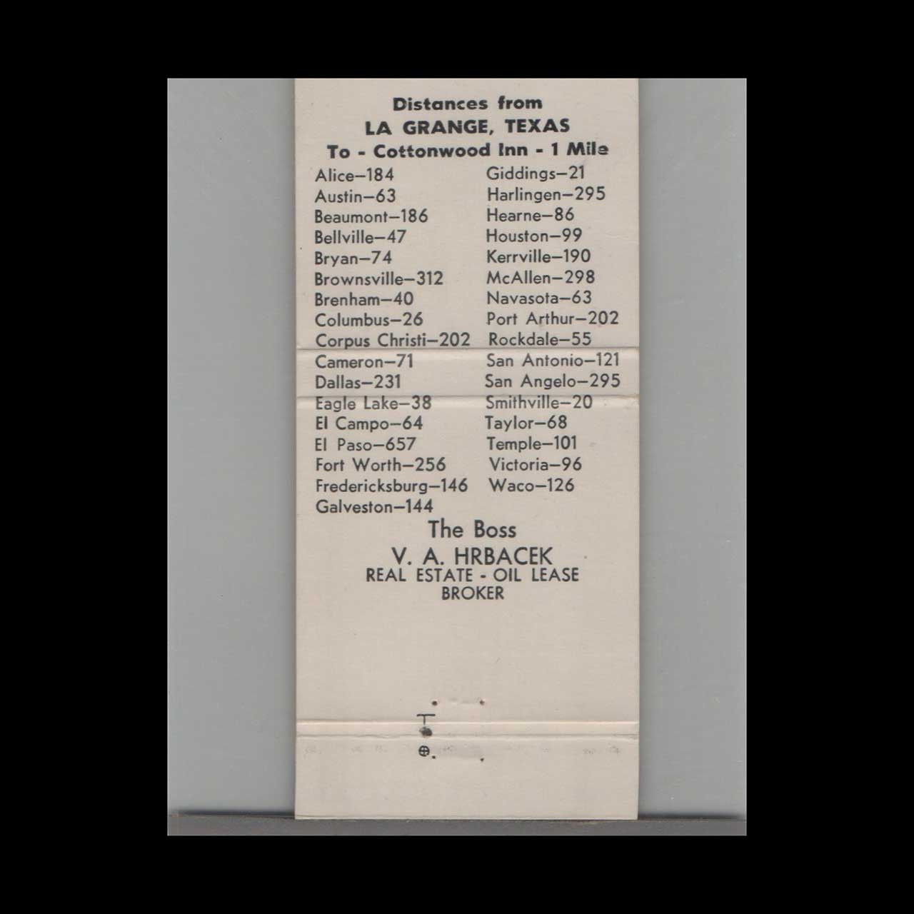 Cottonwood Inn La Grange TX Matchbook Cover Cottonwood Inn La Grange TX Matchbook Cover