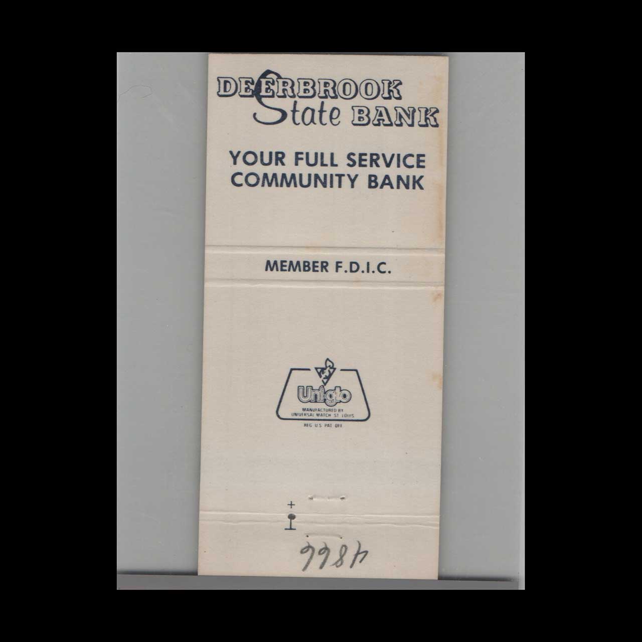Matchbook Cover Deerbrook State Bank Deerfield IL Matchbook Cover Deerbrook State Bank Deerfield IL