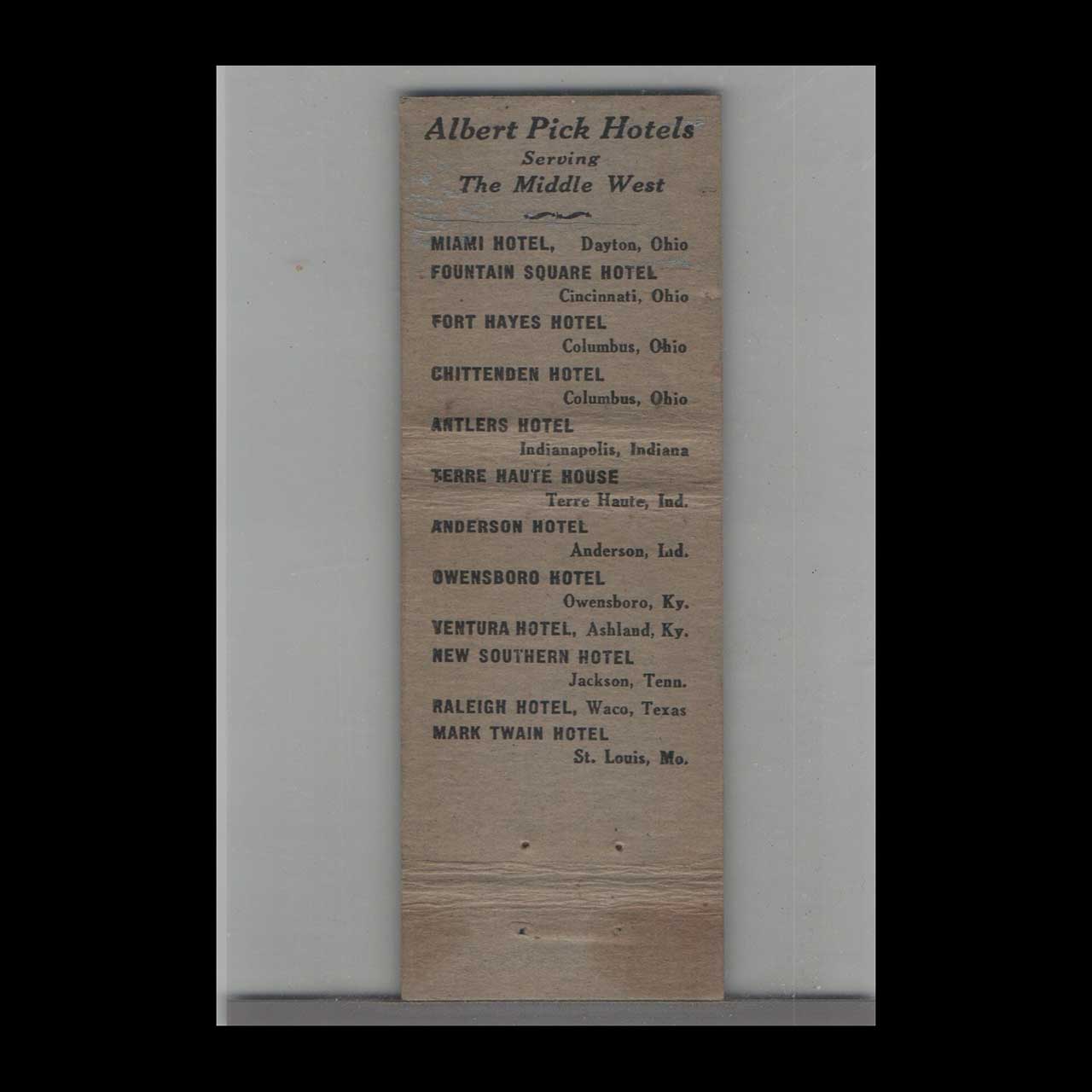 Matchbook Cover Albert Pick Hotels Indianapolis IN Matchbook Cover Albert Pick Hotels Indianapolis IN