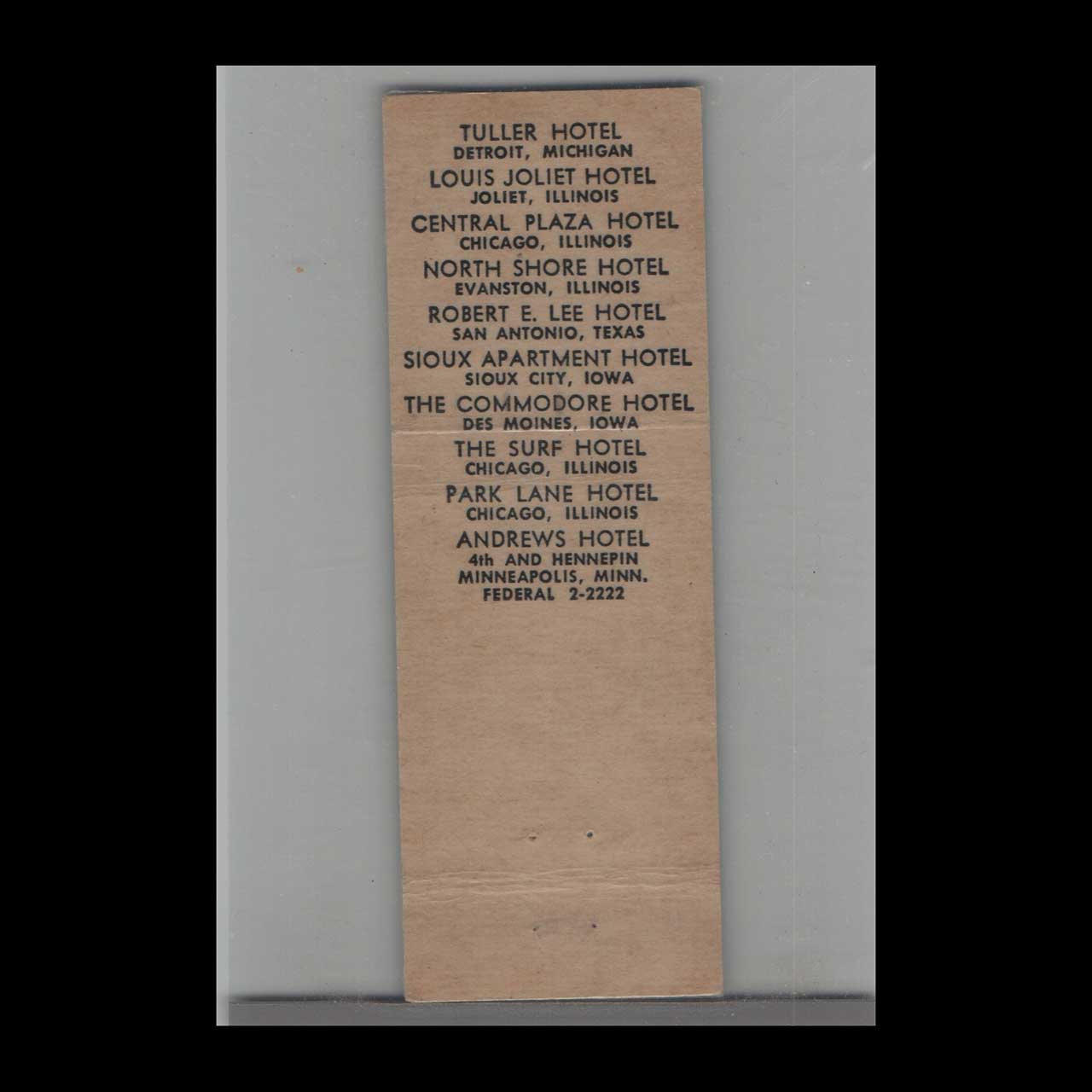 Matchbook Cover Andrews Bar At Hotel Andrews Minneapolis MN Matchbook Cover Andrews Bar At Hotel Andrews Minneapolis MN