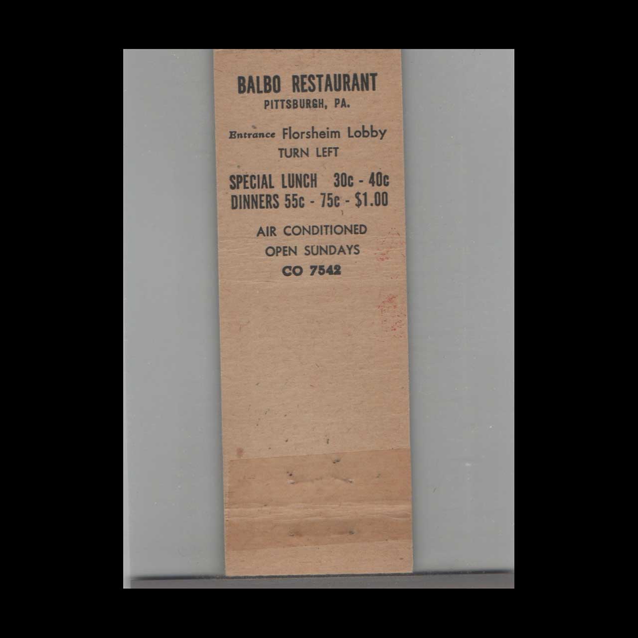 Balbo Italian Restaurant Matchbook Cover 444 Wood St Balbo Italian Restaurant Matchbook Cover 444 Wood St