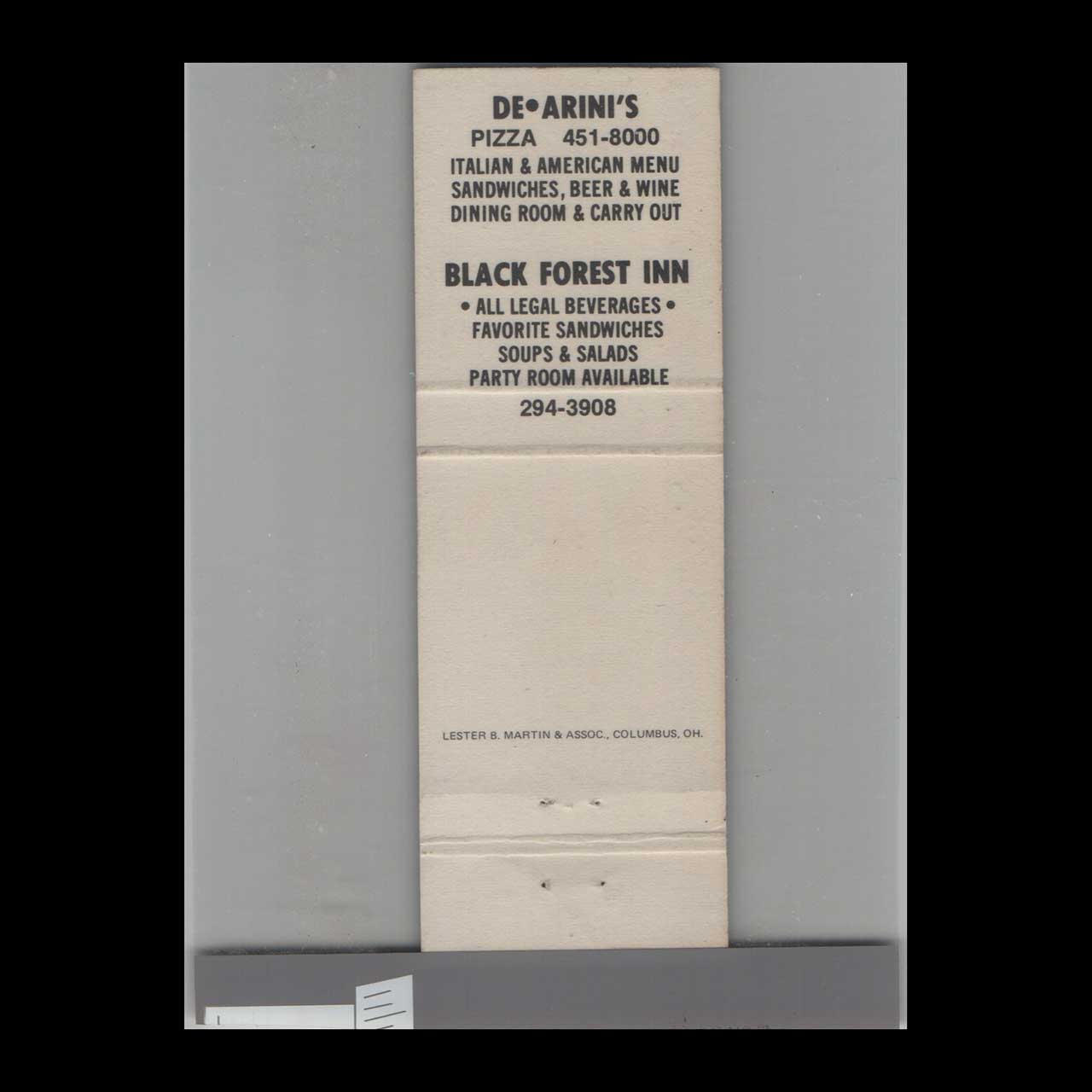 Pizza Black Forest Inn Columbus OH Matchbook Cover Pizza Black Forest Inn Columbus OH Matchbook Cover