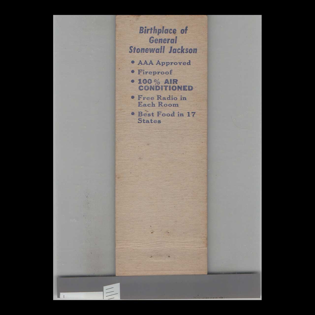 Matchbook Cover Stonewall Jackson Hotel Clarksburg WV Matchbook Cover Stonewall Jackson Hotel Clarksburg WV