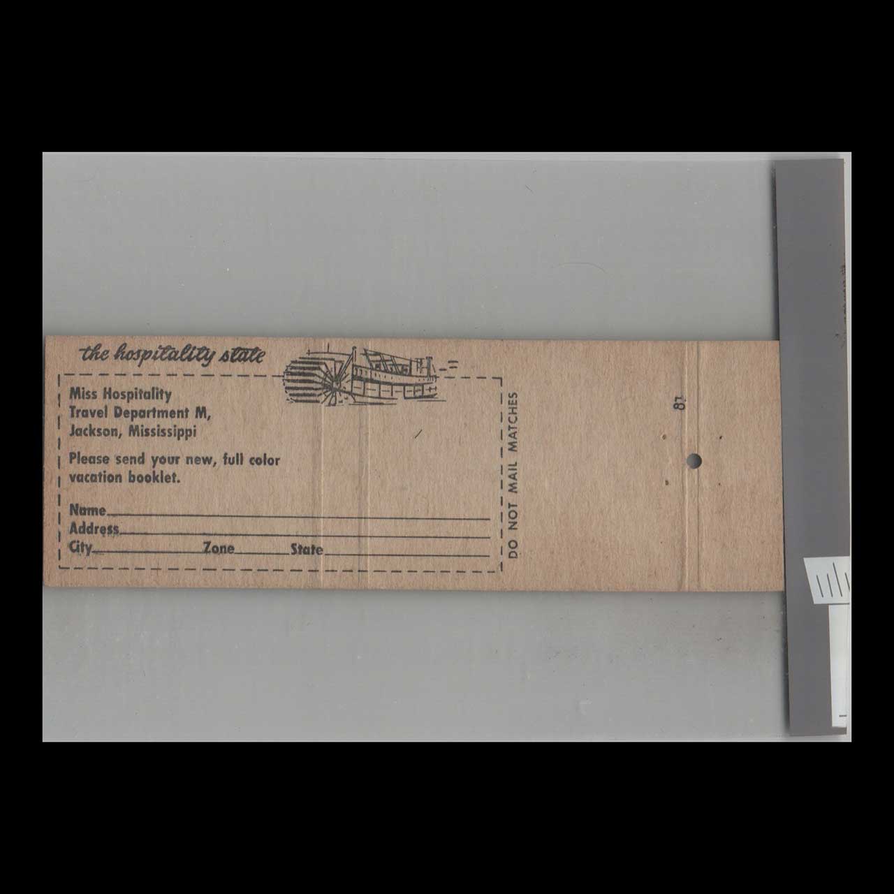 Matchbook Cover Mississippi The Hospitality State Matchbook Cover Mississippi The Hospitality State