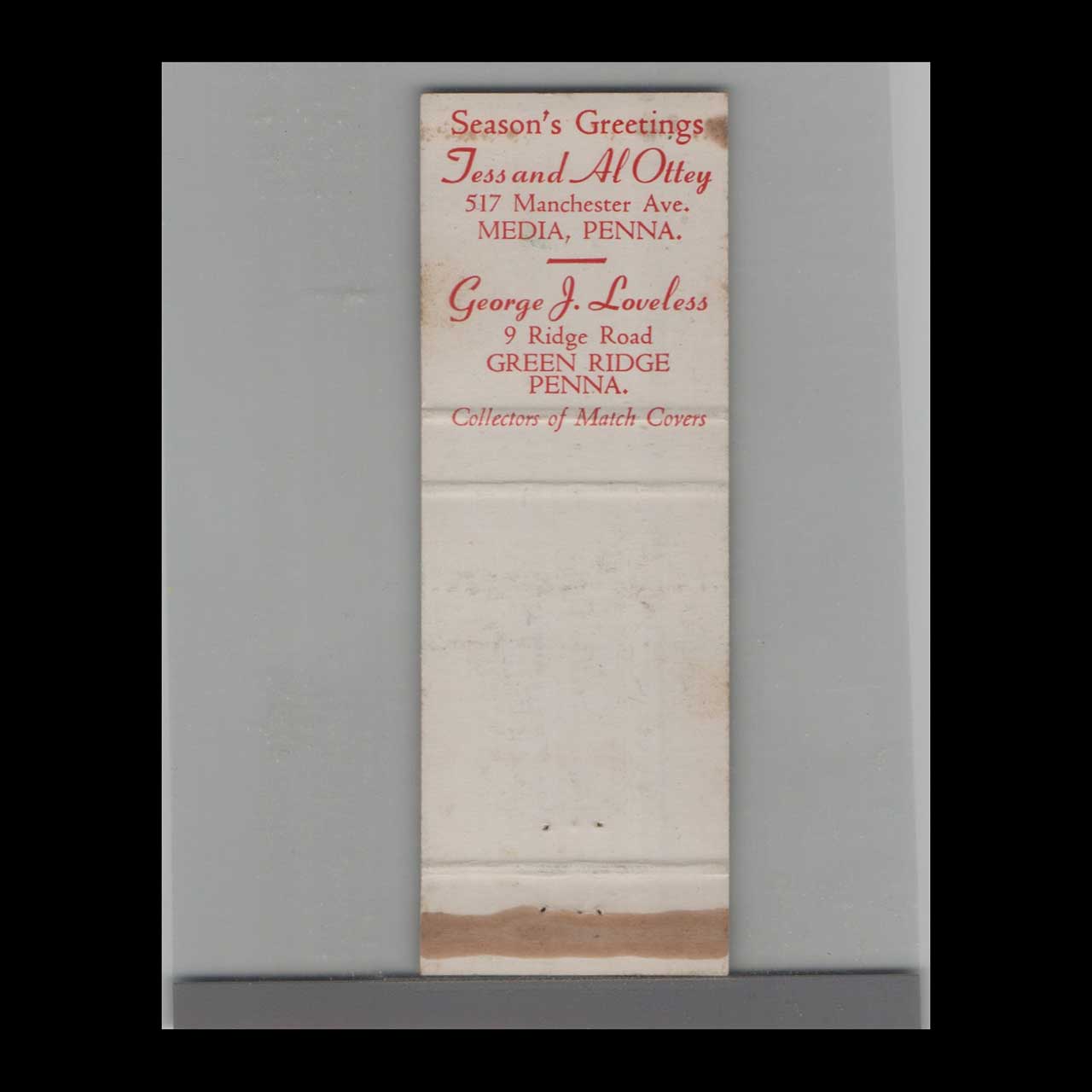 Merry Christmas Tess & Al Ottey Matchbook Cover Media PA Merry Christmas Tess & Al Ottey Matchbook Cover Media PA