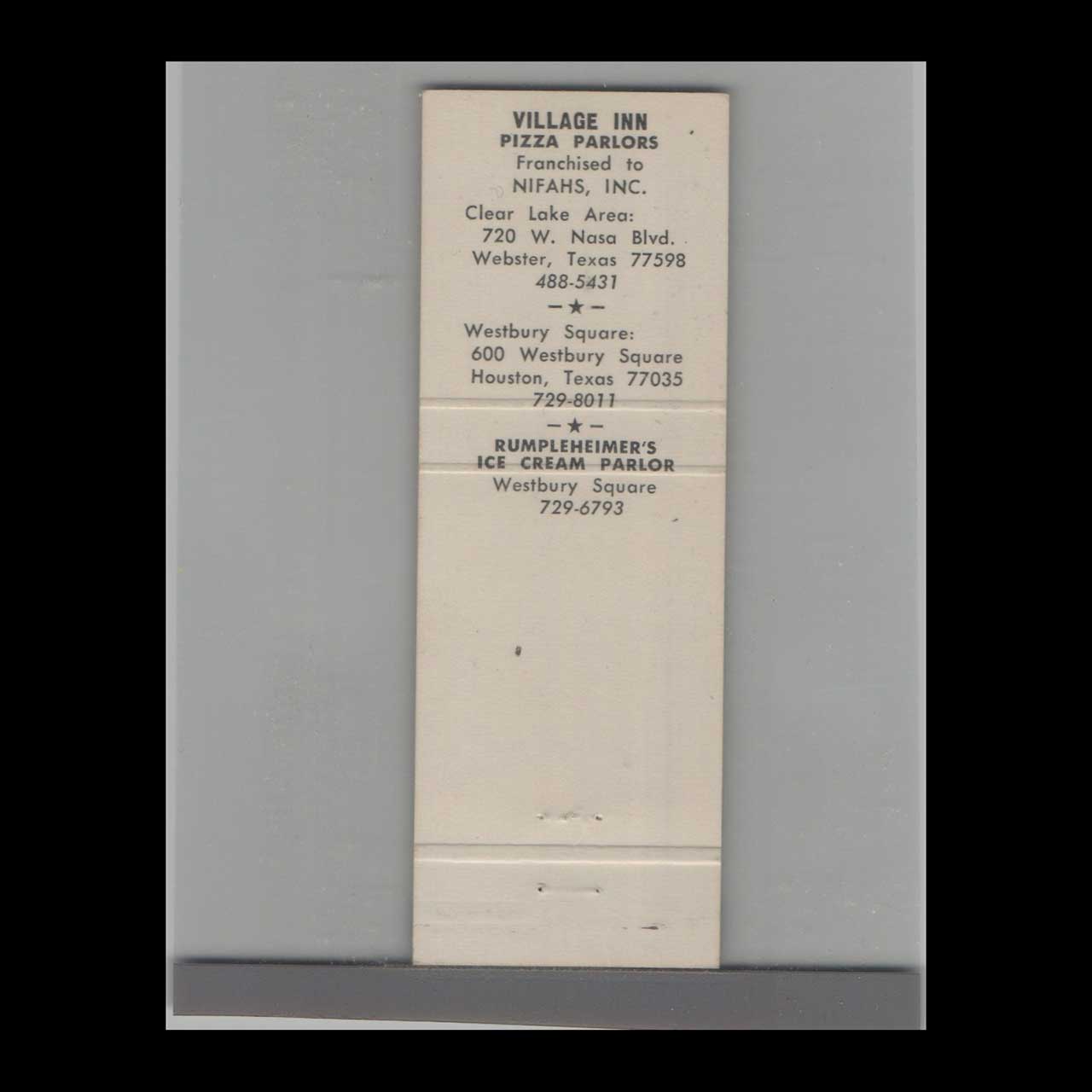 Village Inn Pizza Parlor Matchbook Cover Clear Lake TX Village Inn Pizza Parlor Matchbook Cover Clear Lake TX