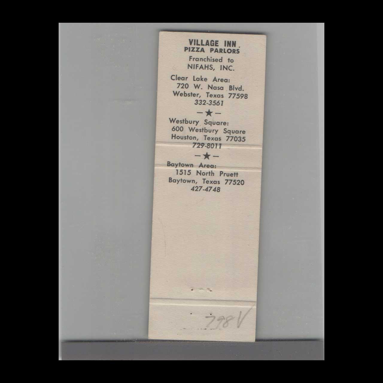 Village Inn Pizza Palors Matchbook Cover Westbury Square Village Inn Pizza Palors Matchbook Cover Westbury Square