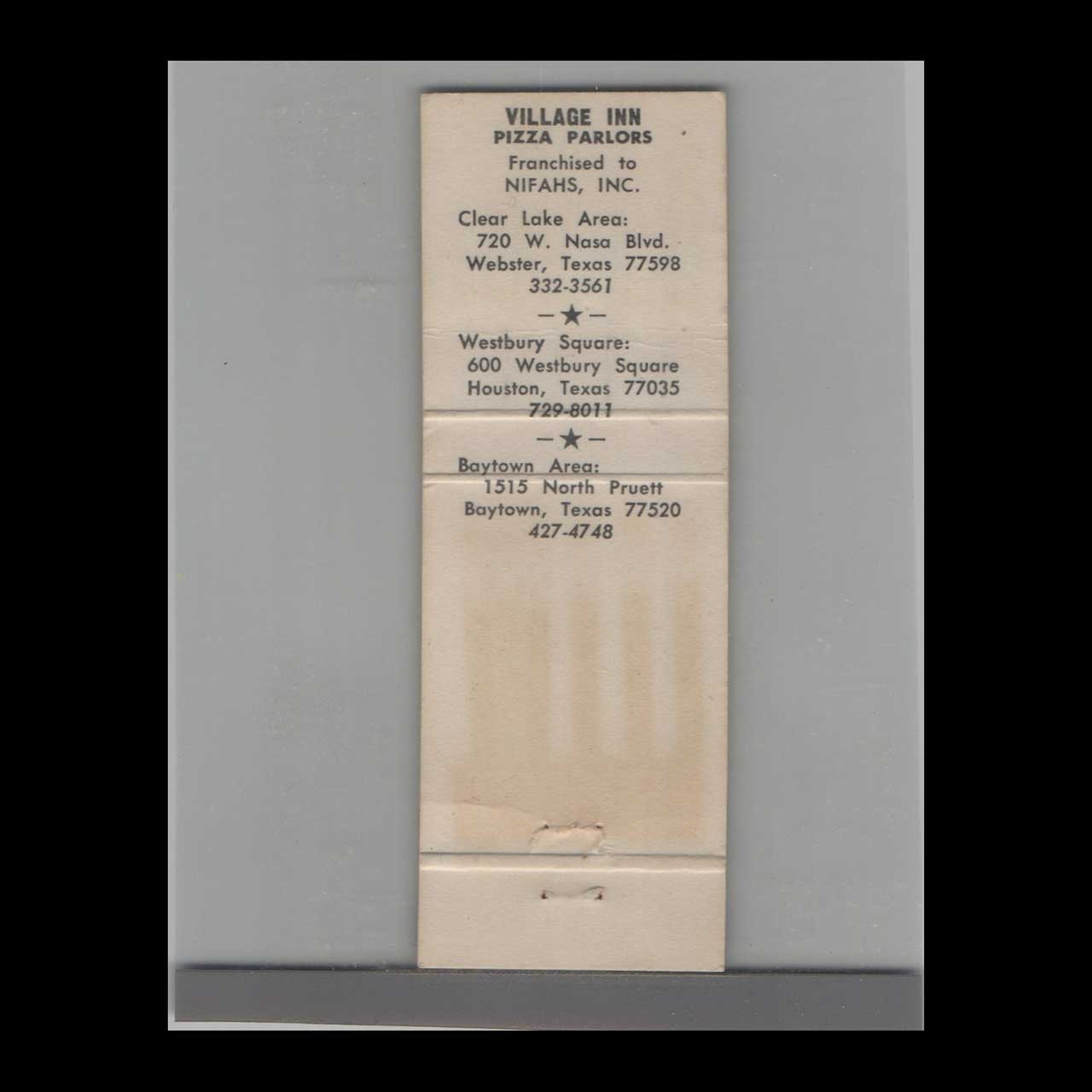 Village Inn Pizza Parlor Matchbook Cover Clear Lake TX Village Inn Pizza Parlor Matchbook Cover Clear Lake TX