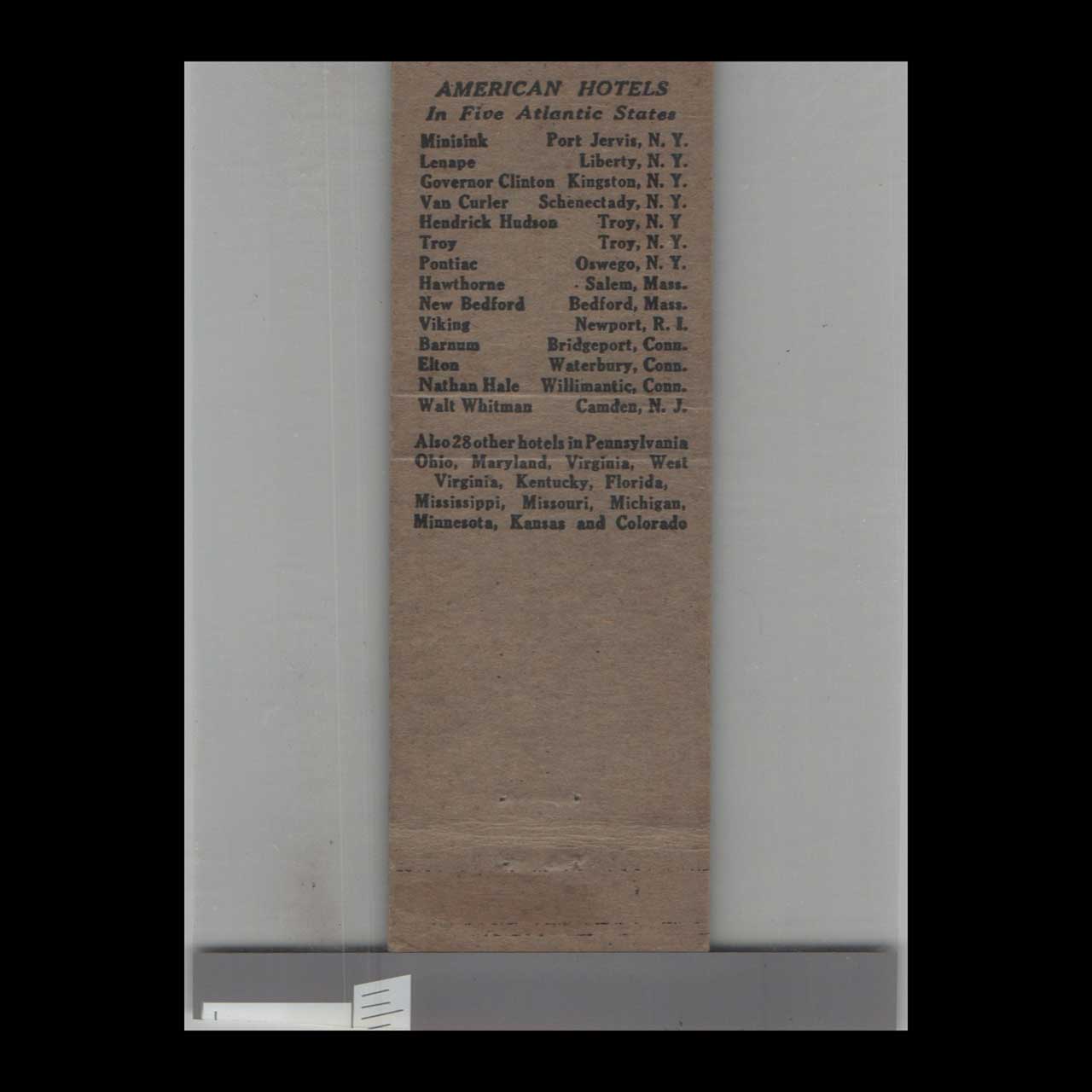 Matchbook Cover Windmill American Hotels Corporation Matchbook Cover Windmill American Hotels Corporation