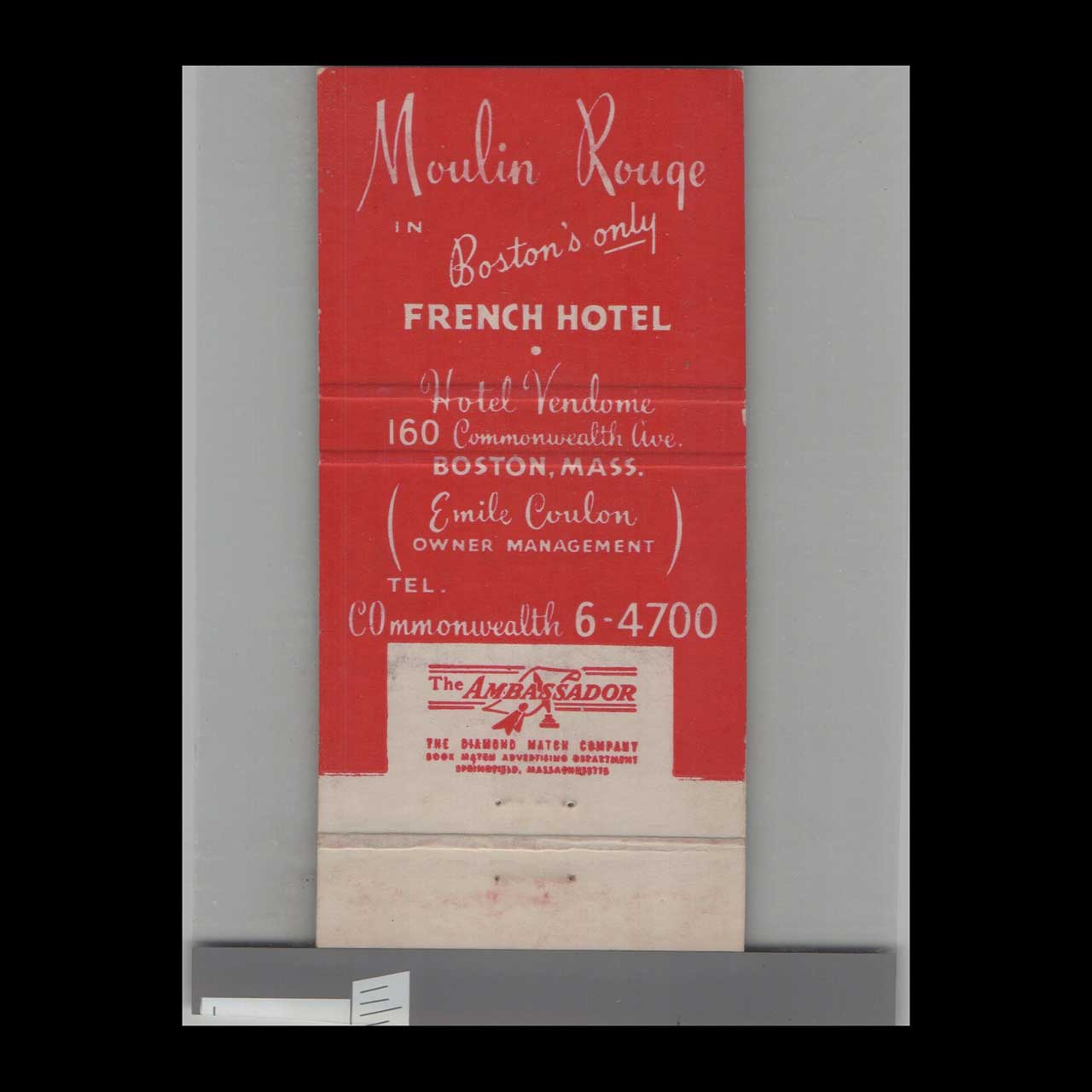 Matchbook Cover Windmill Moulin Rouge Hotel Vendome Boston MA Matchbook Cover Windmill Moulin Rouge Hotel Vendome Boston MA