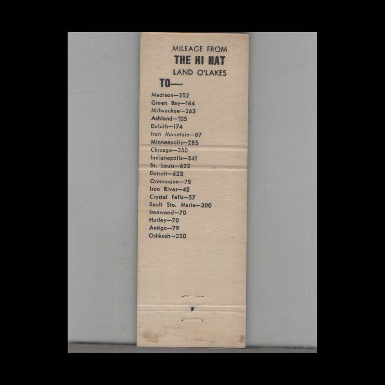 Matchbook Cover Hi Hat Cocktail Lounge Land OLakes WI Matchbook Cover Hi Hat Cocktail Lounge Land OLakes WI