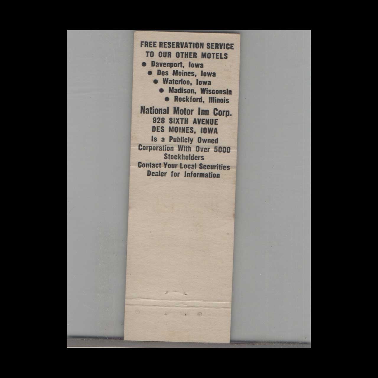 Matchbook Cover National Motor Inn Rockford IL Matchbook Cover National Motor Inn Rockford IL