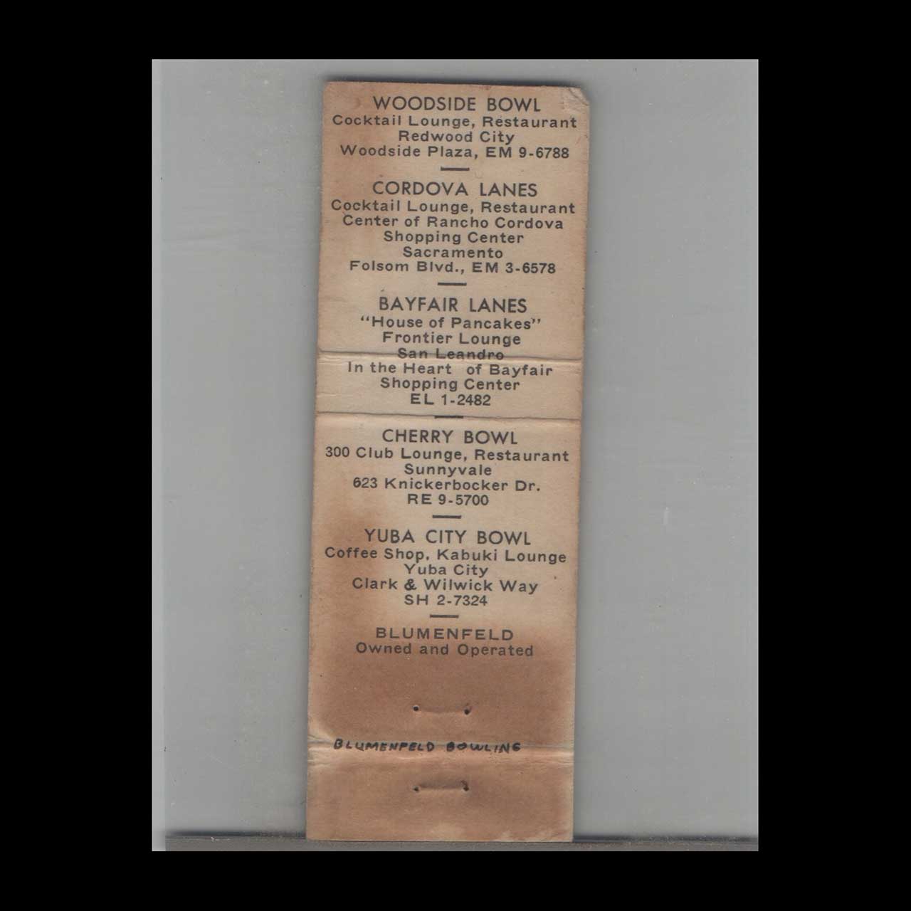 Blumenfeld Family Bowling Matchbook Cover Sacramento Blumenfeld Family Bowling Matchbook Cover Sacramento