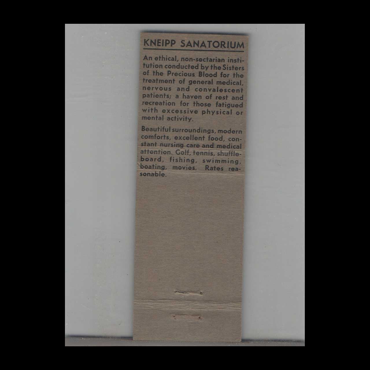 Matchbook Cover Kneipp Sanatorium Ft Wayne IN Matchbook Cover Kneipp Sanatorium Ft Wayne IN