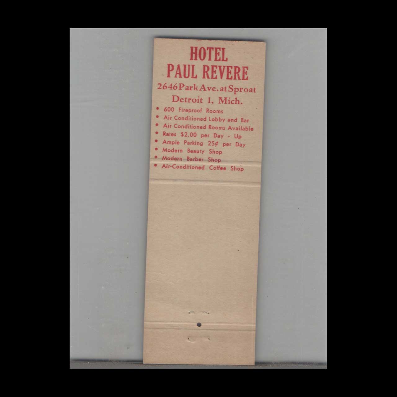 Matchbook Cover Hotel Paul Revere Detroit MI Matchbook Cover Hotel Paul Revere Detroit MI