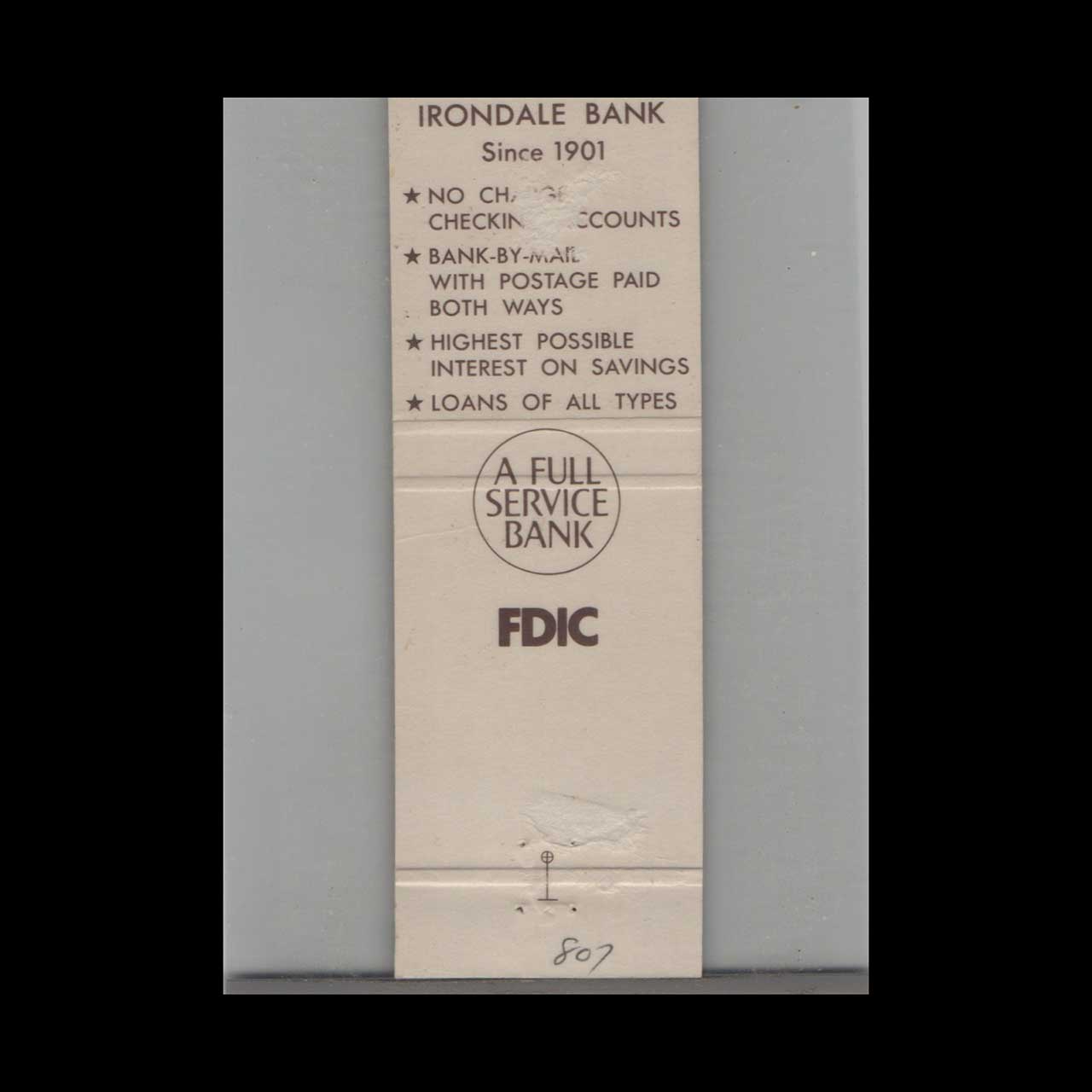 Irondale Bank Matchbook Cover Irondale MO Irondale Bank Matchbook Cover Irondale MO