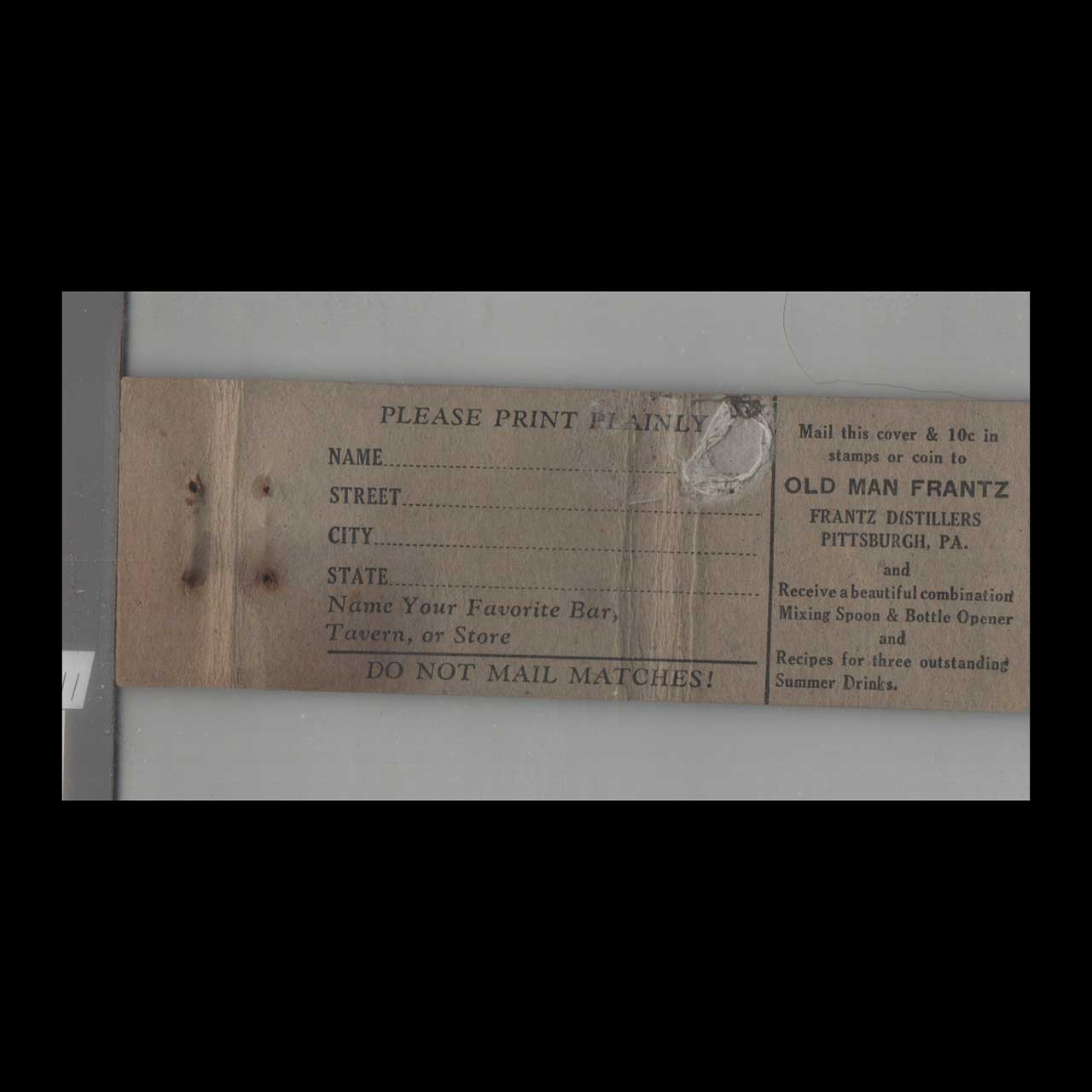 Matchbook Cover Whiskey Frantzs Cream Rye Whiskey Matchbook Cover Whiskey Frantzs Cream Rye Whiskey