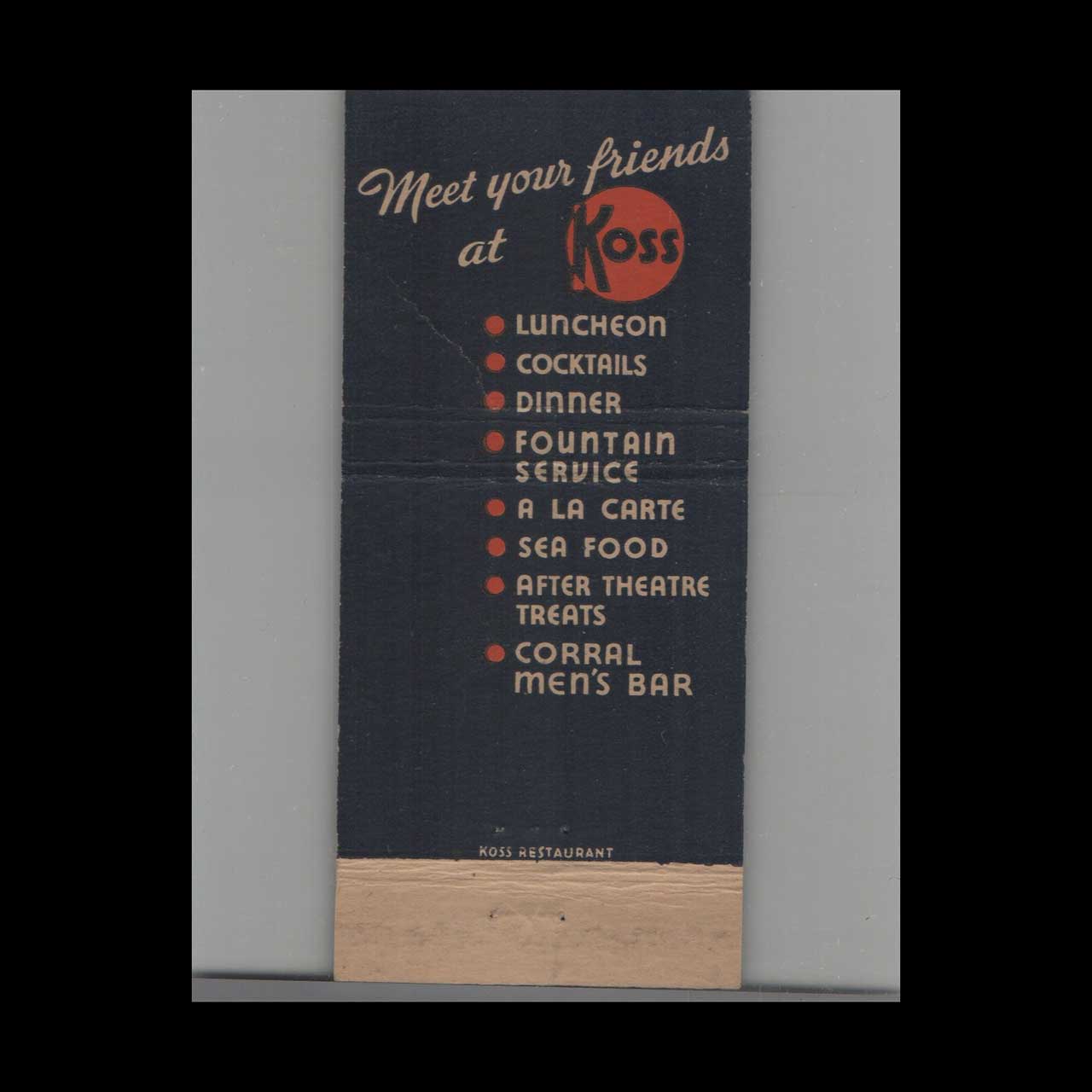 Matchbook Cover Stripped Feature Koss Restaurant & Cocktail Lounge Jersey City Matchbook Cover Stripped Feature Koss Restaurant & Cocktail Lounge Jersey City