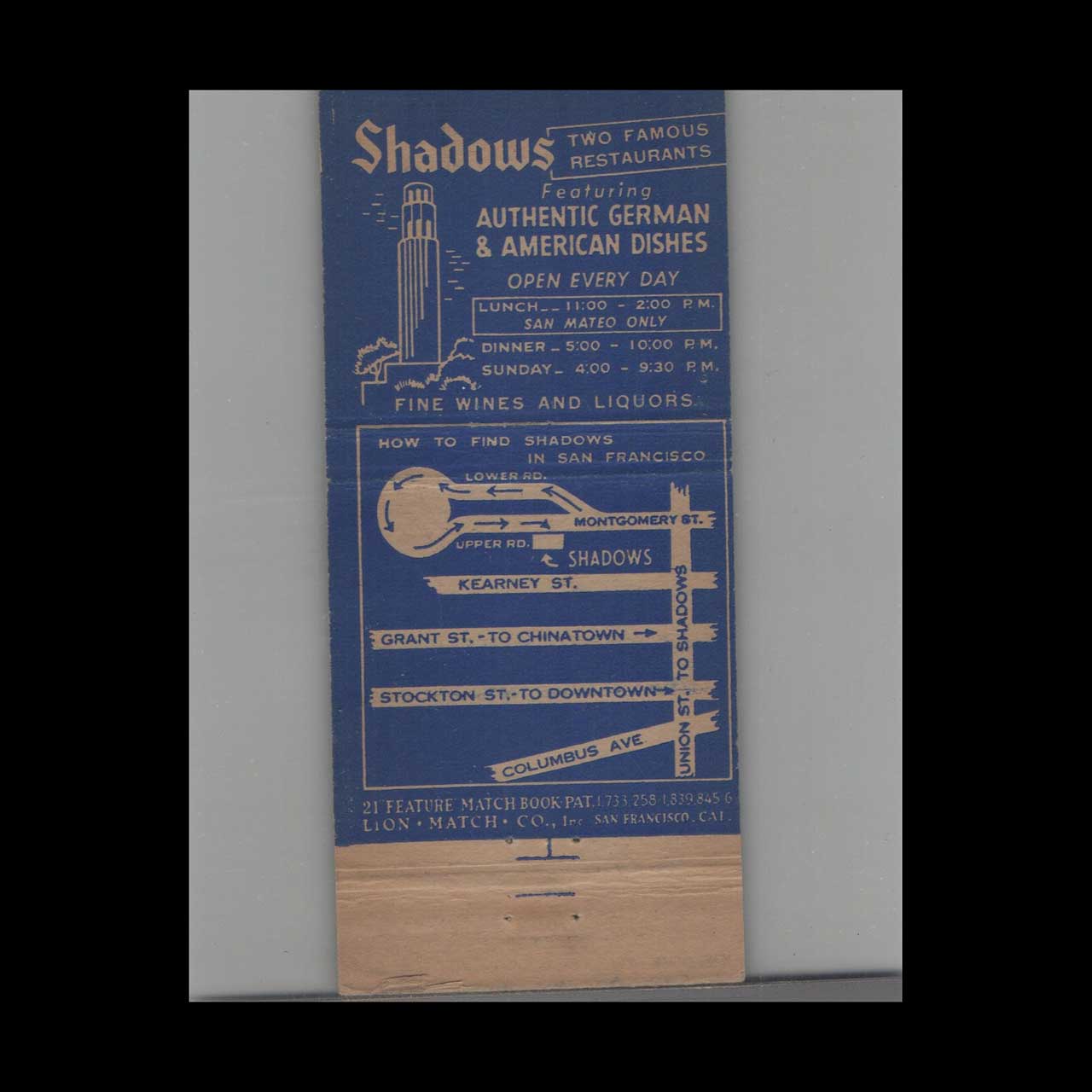 Stripped Feature Shadows Matchbook Cover San Mateo & SF Stripped Feature Shadows Matchbook Cover San Mateo & SF