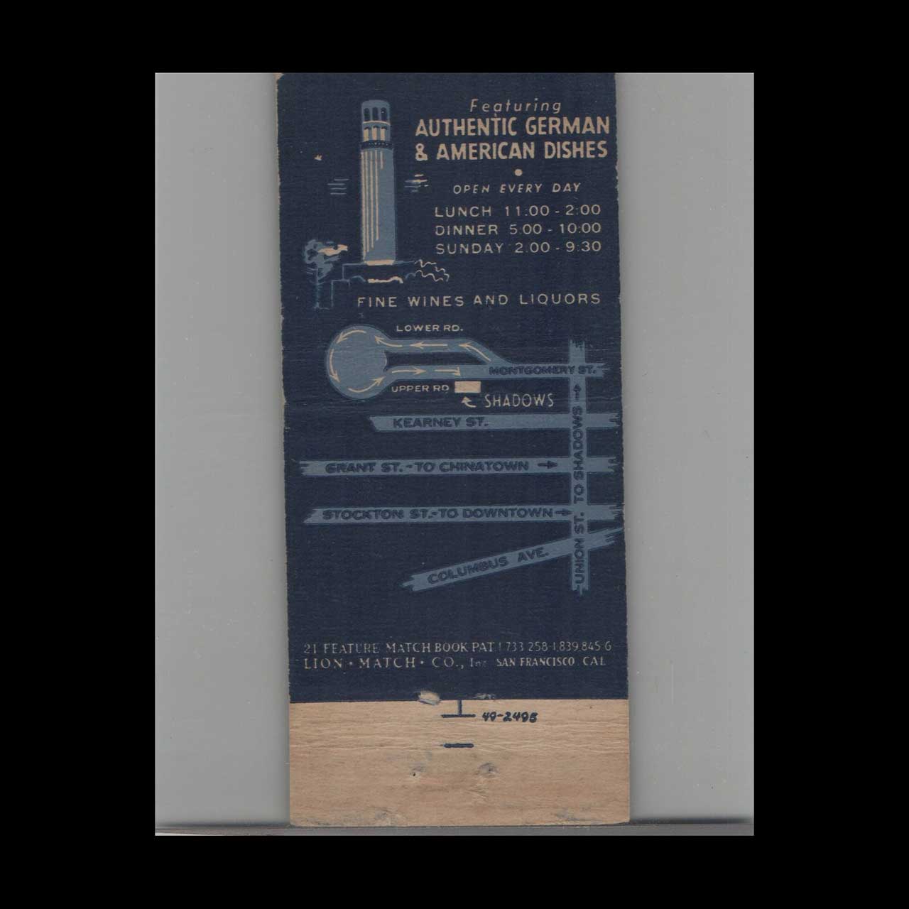 Stripped Feature Shadows Matchbook Cover San Mateo & SF Stripped Feature Shadows Matchbook Cover San Mateo & SF