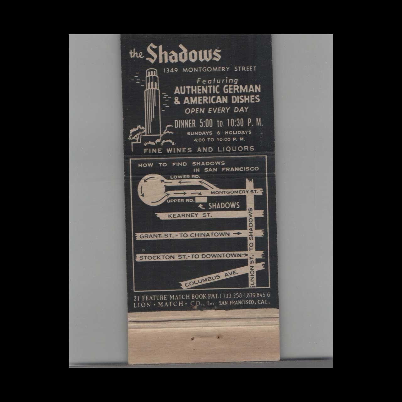 Stripped Feature Shadows Matchbook Cover San Mateo & SF Stripped Feature Shadows Matchbook Cover San Mateo & SF