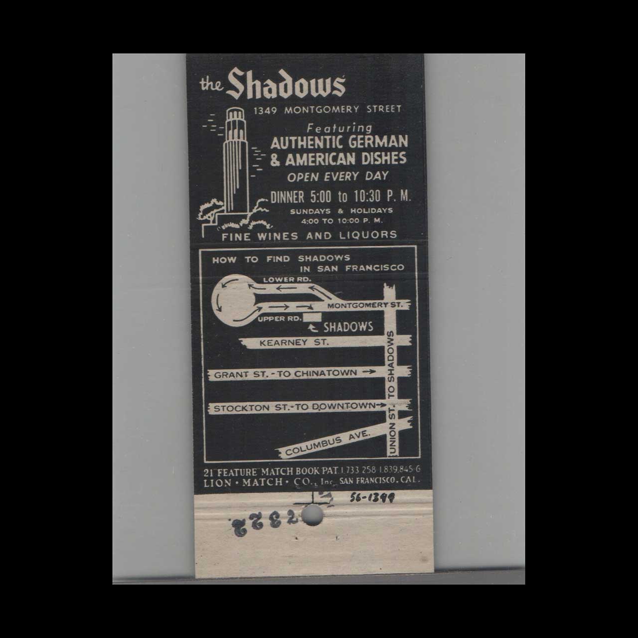 Stripped Feature Shadows Matchbook Cover San Mateo & SF Stripped Feature Shadows Matchbook Cover San Mateo & SF