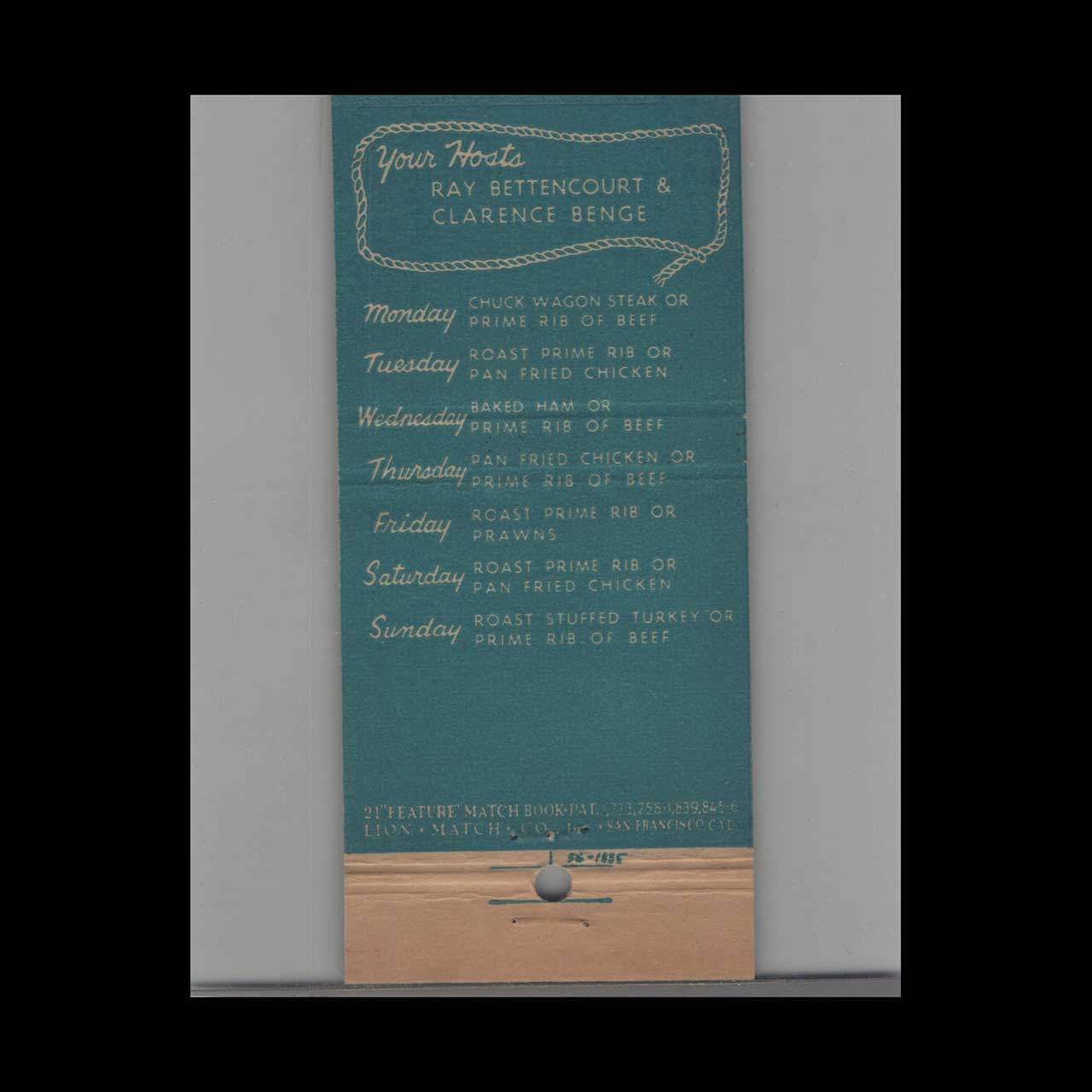 Villa Jeray Chuck Wagon Matchbook Cover Fremont CA Villa Jeray Chuck Wagon Matchbook Cover Fremont CA