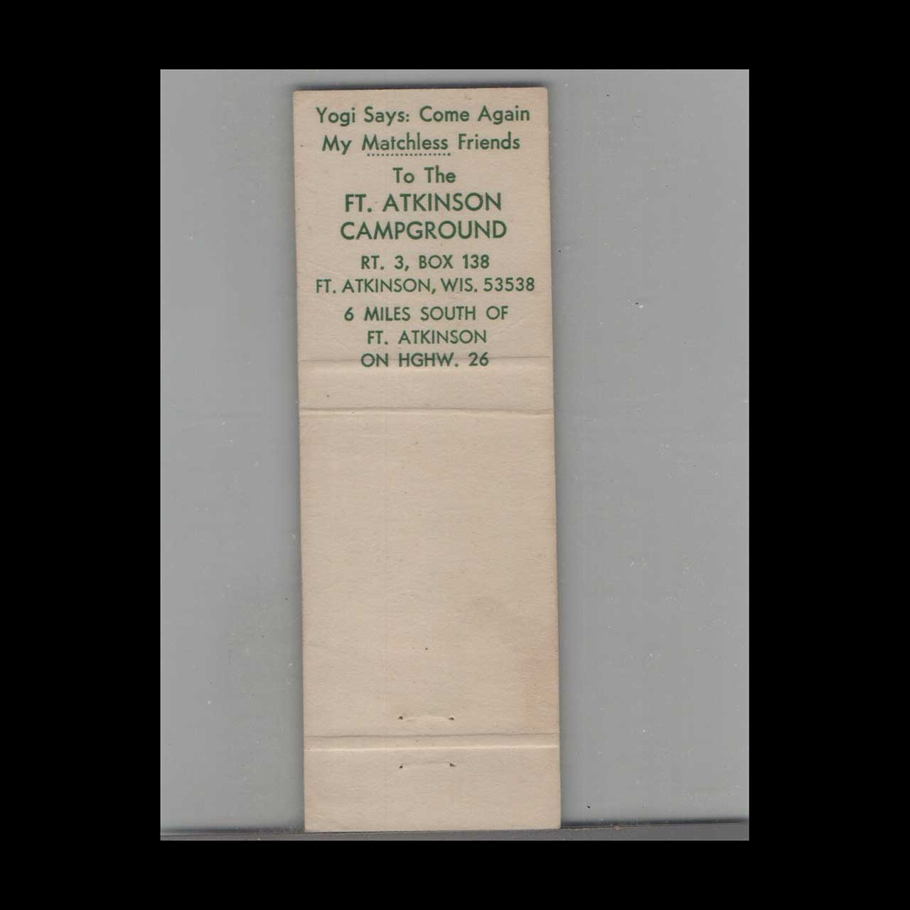Yogi Bear Jellystone Park Matchbook Cover Ft Atkinson WI Yogi Bear Jellystone Park Matchbook Cover Ft Atkinson WI