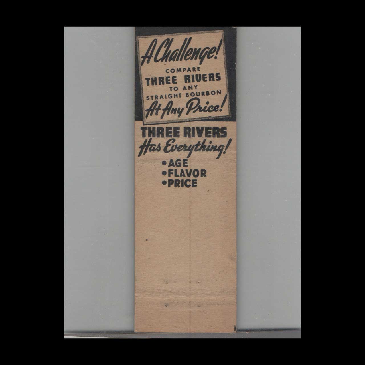 Crown Match Co Three Rivers Bourbon Whiskey Matchbook Cover Crown Match Co Three Rivers Bourbon Whiskey Matchbook Cover