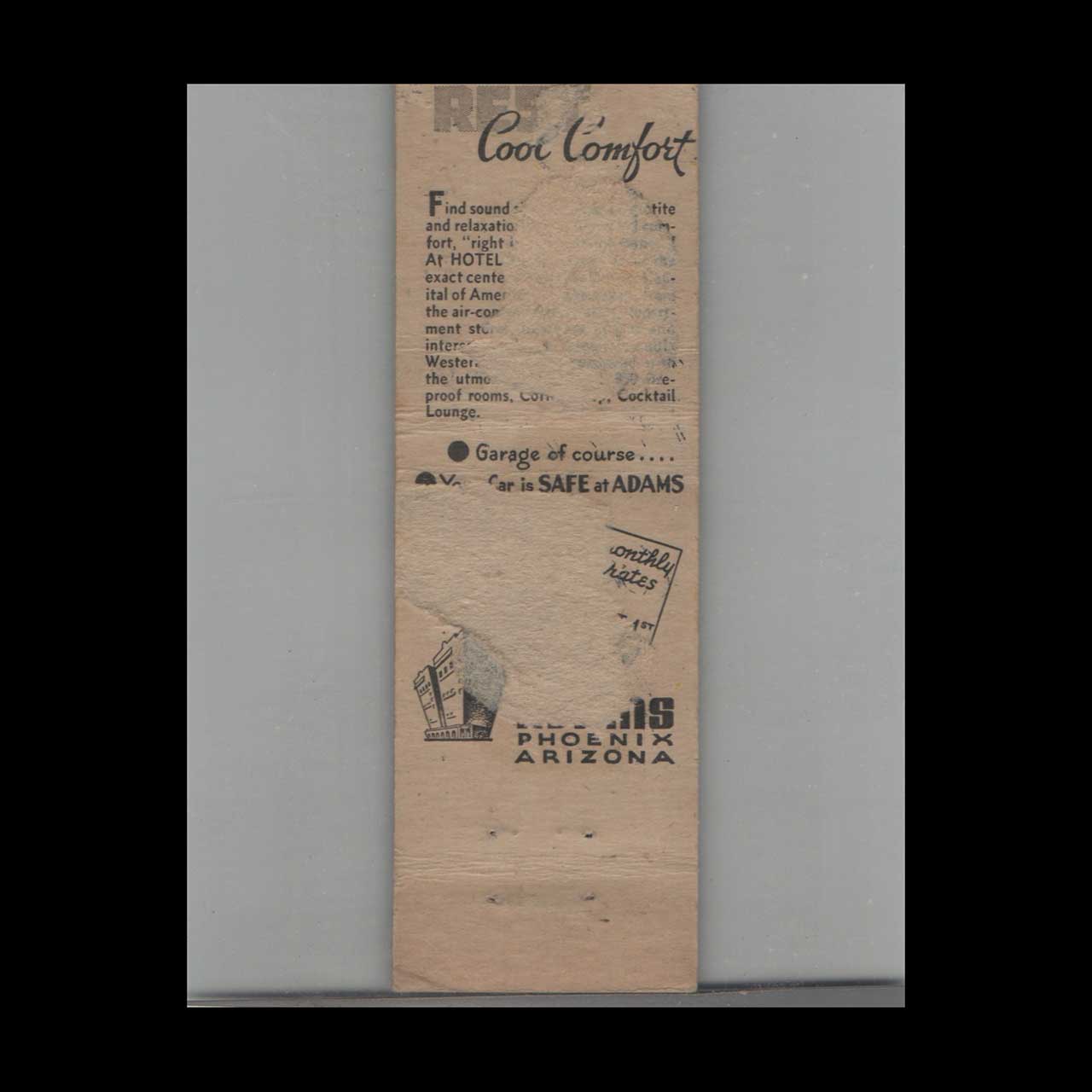 Hotel Adams Phoenix Matchbook Cover Hotel Adams Phoenix Matchbook Cover