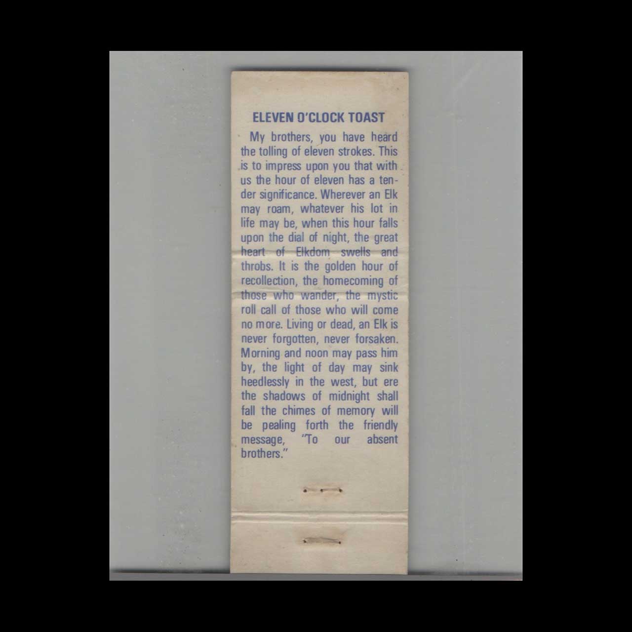 BPOE Elks Lodge #275 Poughkeepsie Matchbook Cover BPOE Elks Lodge #275 Poughkeepsie Matchbook Cover