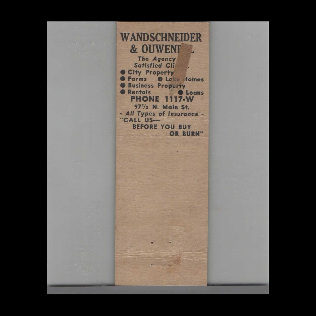 Wandschneider & Ouweneel Insurance Matchbook Cover Fort Atkinson Wandschneider & Ouweneel Insurance Matchbook Cover Fort Atkinson