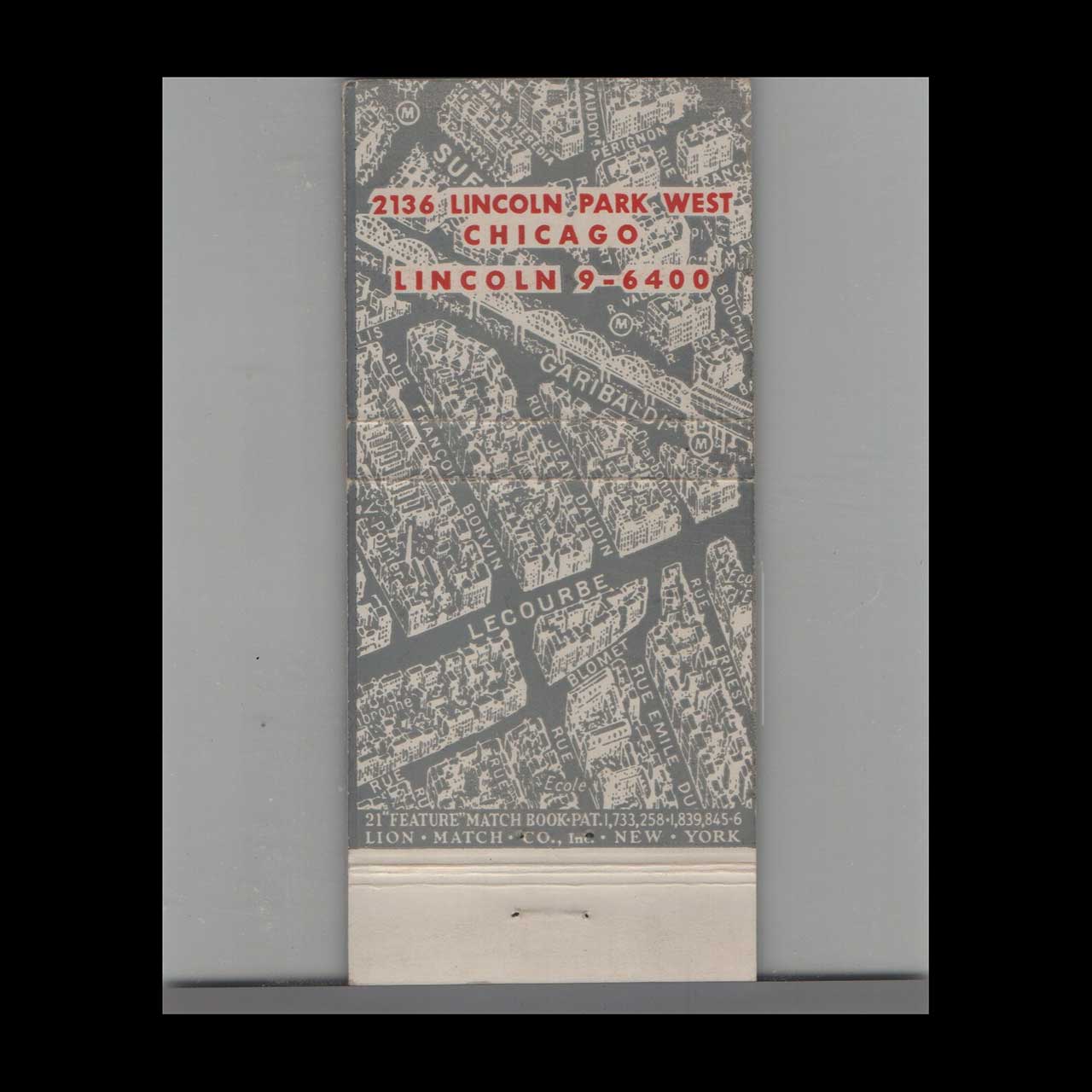 Lincoln Park West Hotel Chicago Matchbook Cover Lincoln Park West Hotel Chicago Matchbook Cover