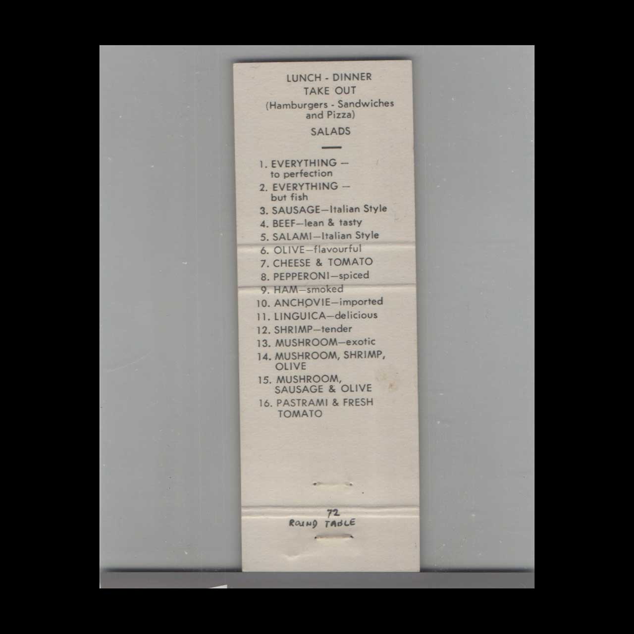 Pizza The Round Table Petaluma Matchbook Cover Pizza The Round Table Petaluma Matchbook Cover