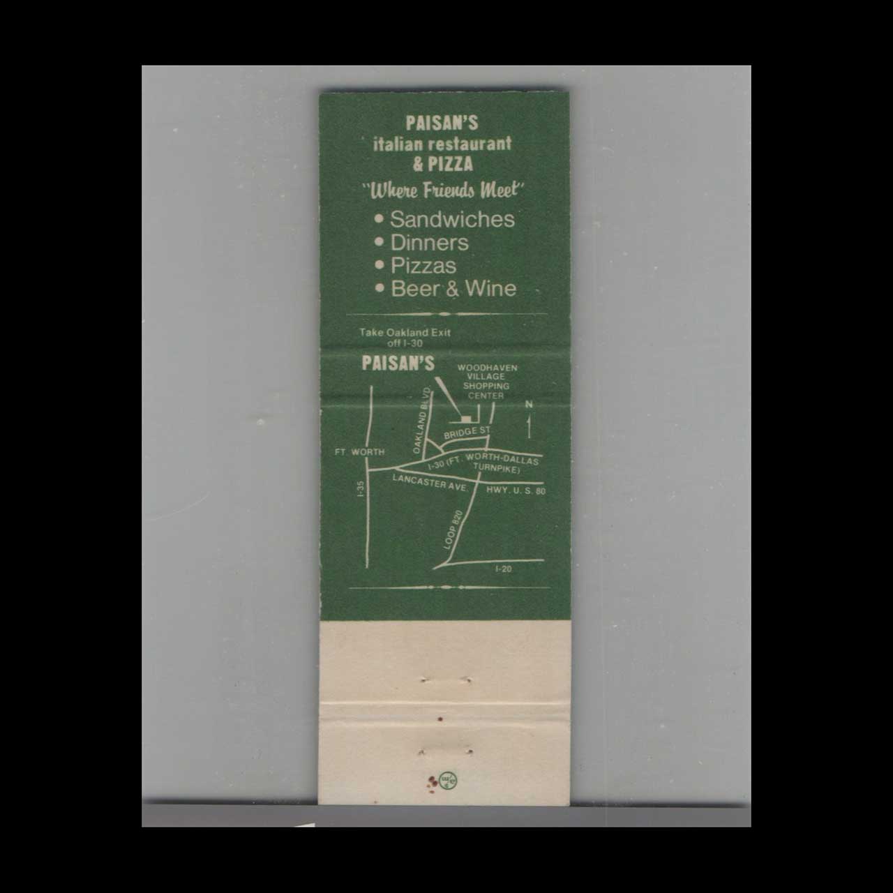 Pizza Paisans Italian Restaurant Matchbook Cover Pizza Paisans Italian Restaurant Matchbook Cover