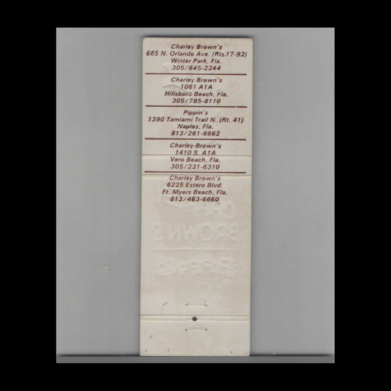 Pippins & Charley Browns Naples FL Matchbook Cover Pippins & Charley Browns Naples FL Matchbook Cover