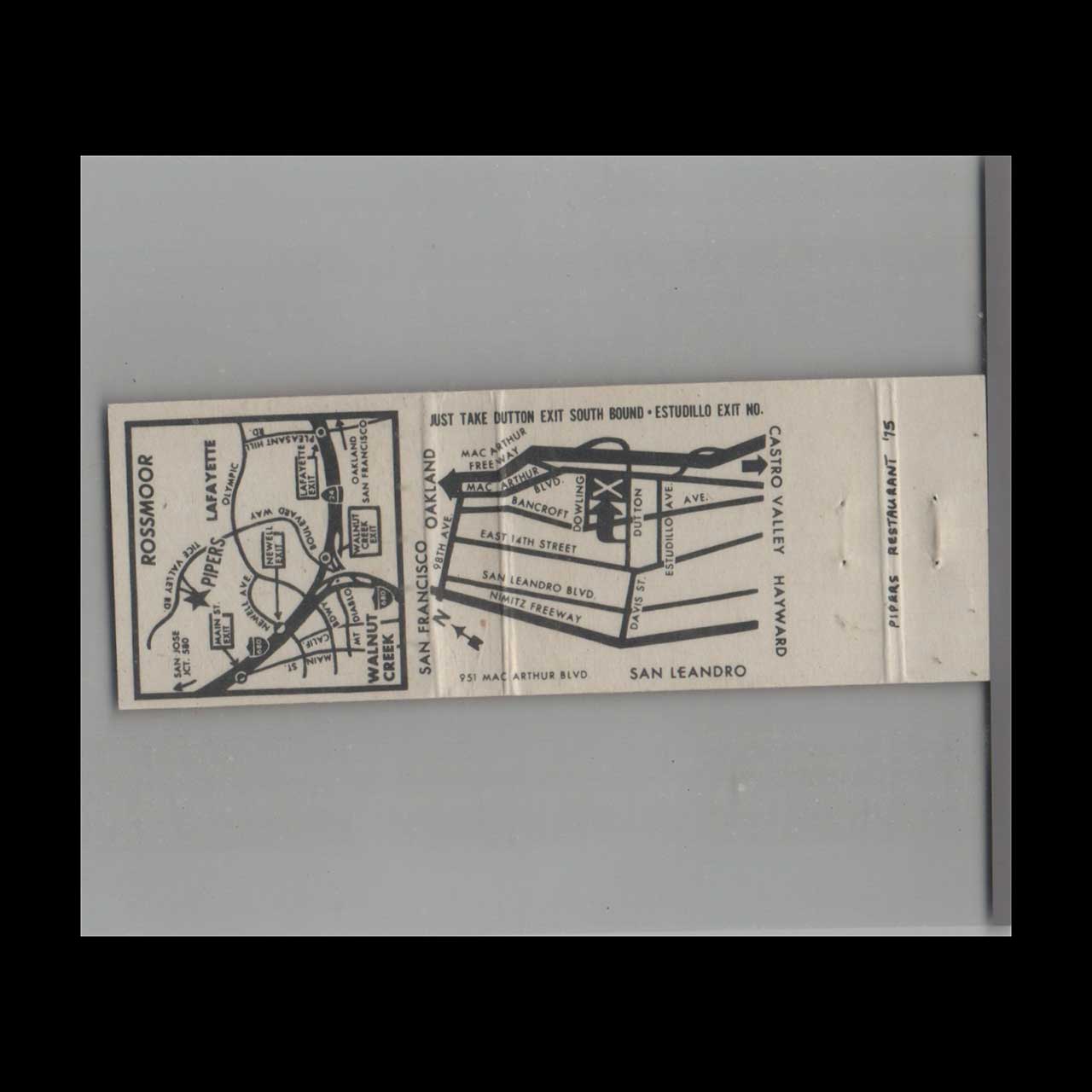 The Pipers Unique Smorgasbord San Leandro Matchbook Cover The Pipers Unique Smorgasbord San Leandro Matchbook Cover