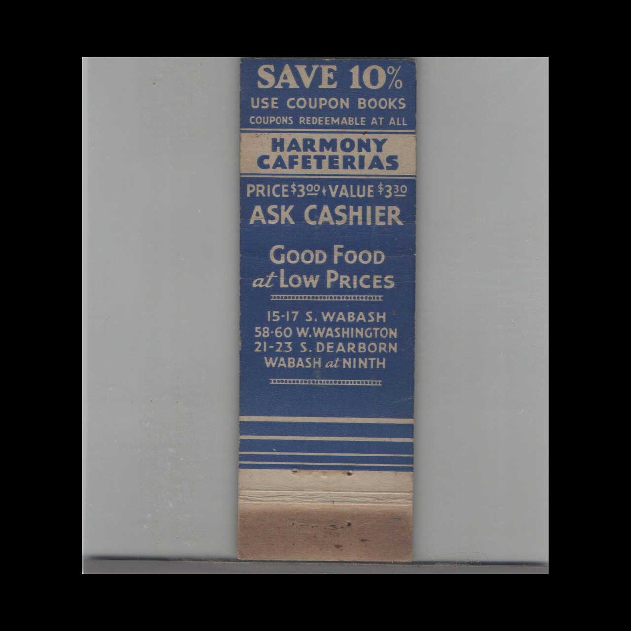 Harmony Cafeterias Chicago Matchbook Cover Harmony Cafeterias Chicago Matchbook Cover