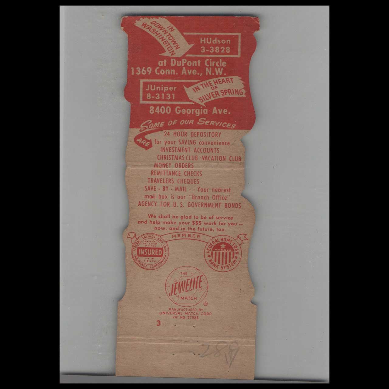 Matchbook Cover Jewelite Guardian Federal Savings Association Silver Spring M Matchbook Cover Jewelite Guardian Federal Savings Association Silver Spring M