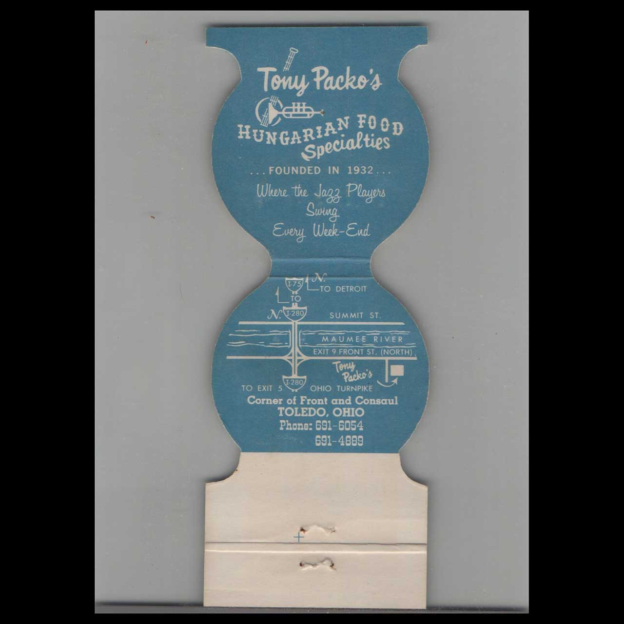 Tony Packos Cafe Toledo Matchbook Cover Tony Packos Cafe Toledo Matchbook Cover