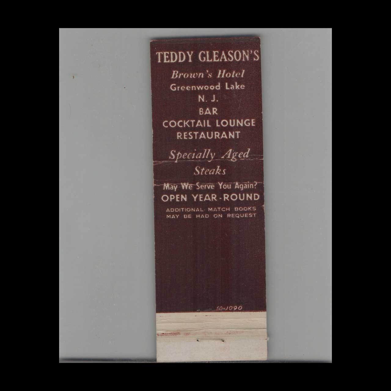 Teddy Gleasons Browns Hotel Matchbook Cover Greenwood Lake Teddy Gleasons Browns Hotel Matchbook Cover Greenwood Lake