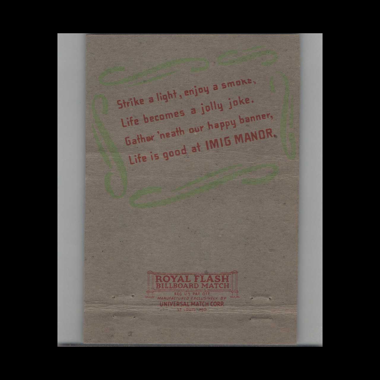 Royal Flash Imig Manor Matchbook Cover San Diego CA Royal Flash Imig Manor Matchbook Cover San Diego CA