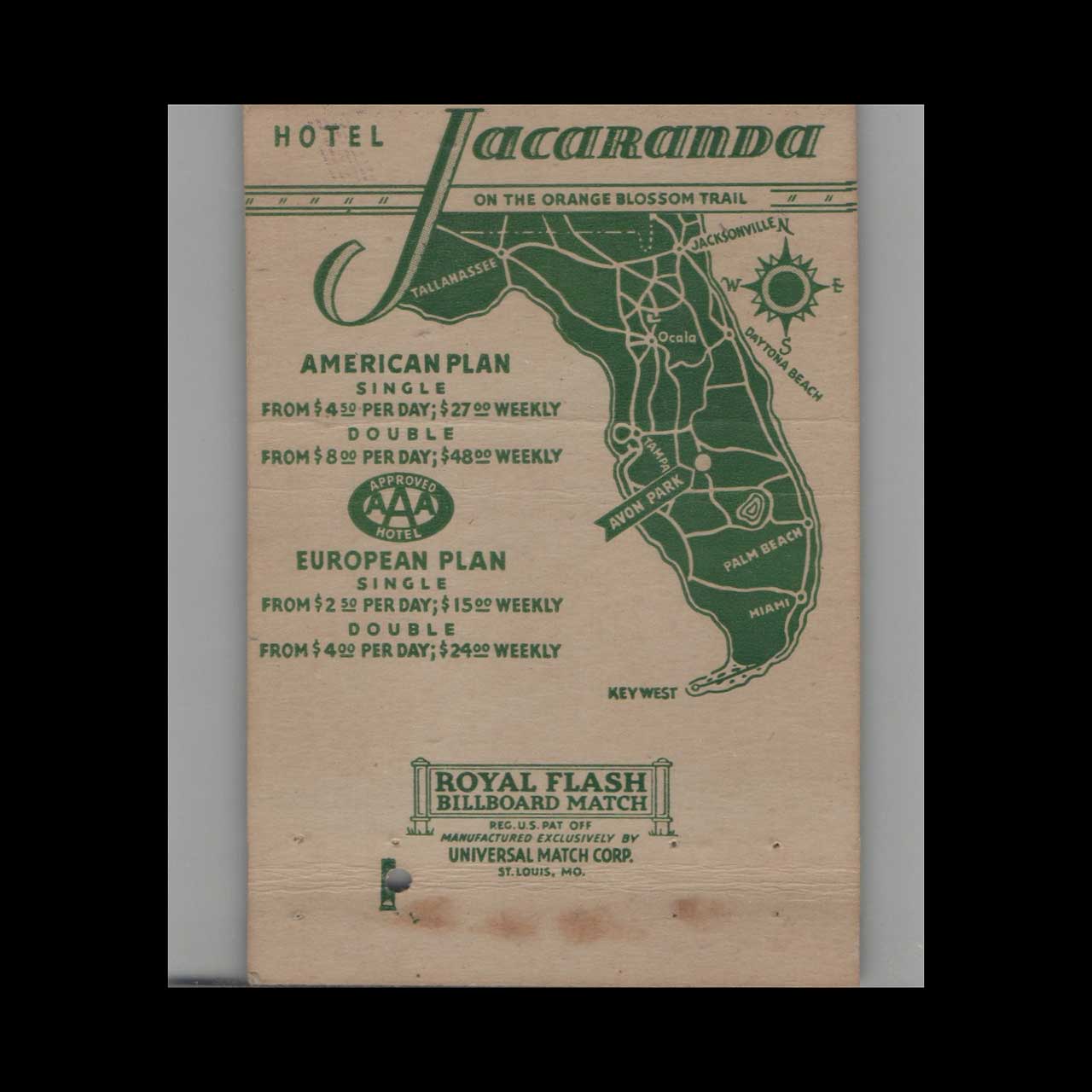 Royal Flash Hotel Jacaranda Avon FL Matchbook Cover Royal Flash Hotel Jacaranda Avon FL Matchbook Cover
