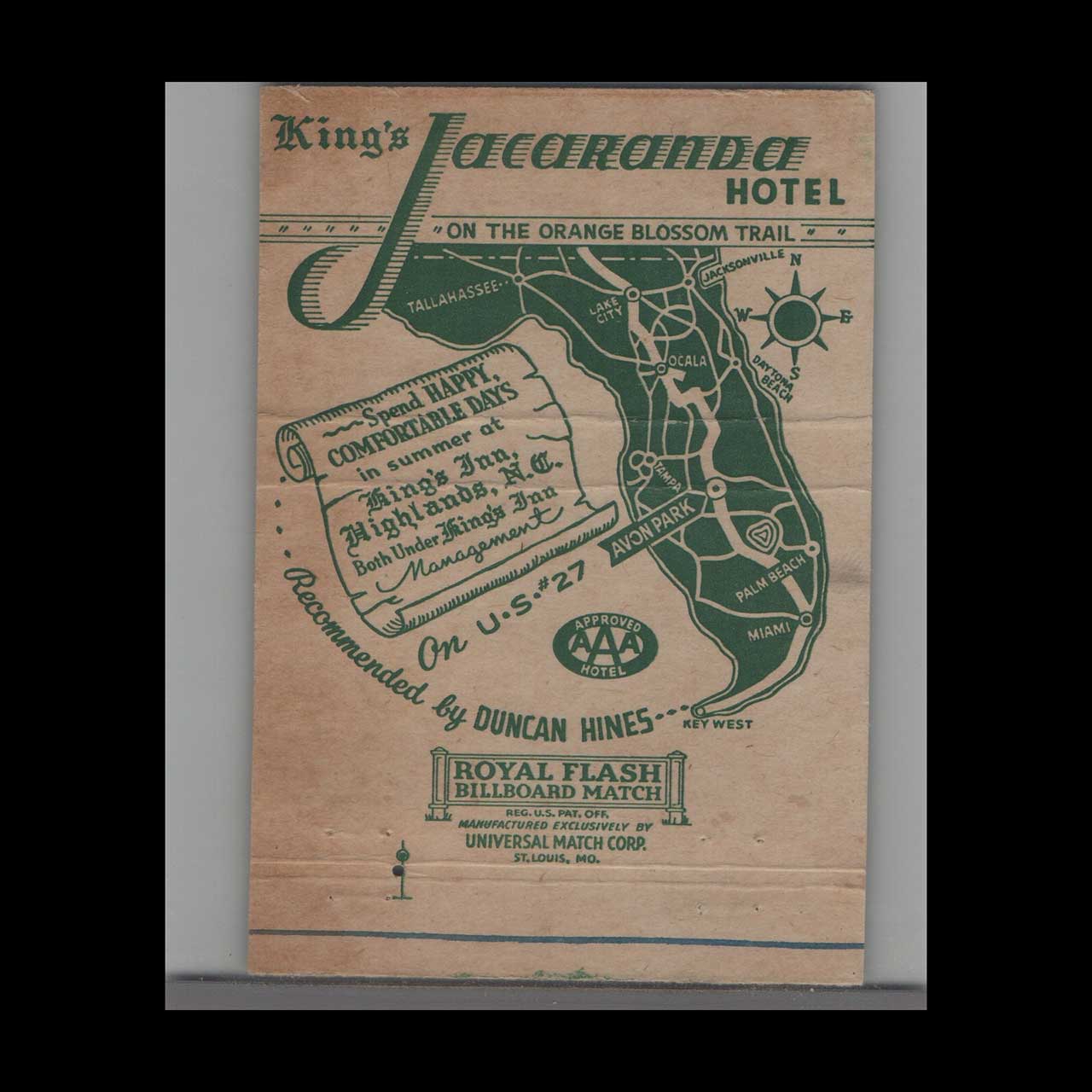 Royal Flash Matchbook Cover Jacaranda Hotel Avon Park Royal Flash Matchbook Cover Jacaranda Hotel Avon Park